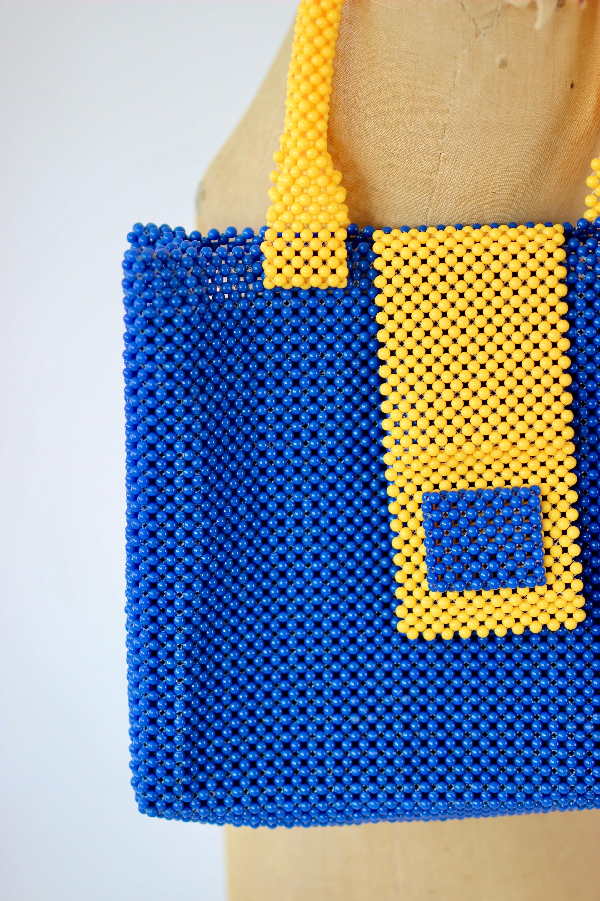 Vintage Beaded Handbag in Blue and Yellow Plastic Beads