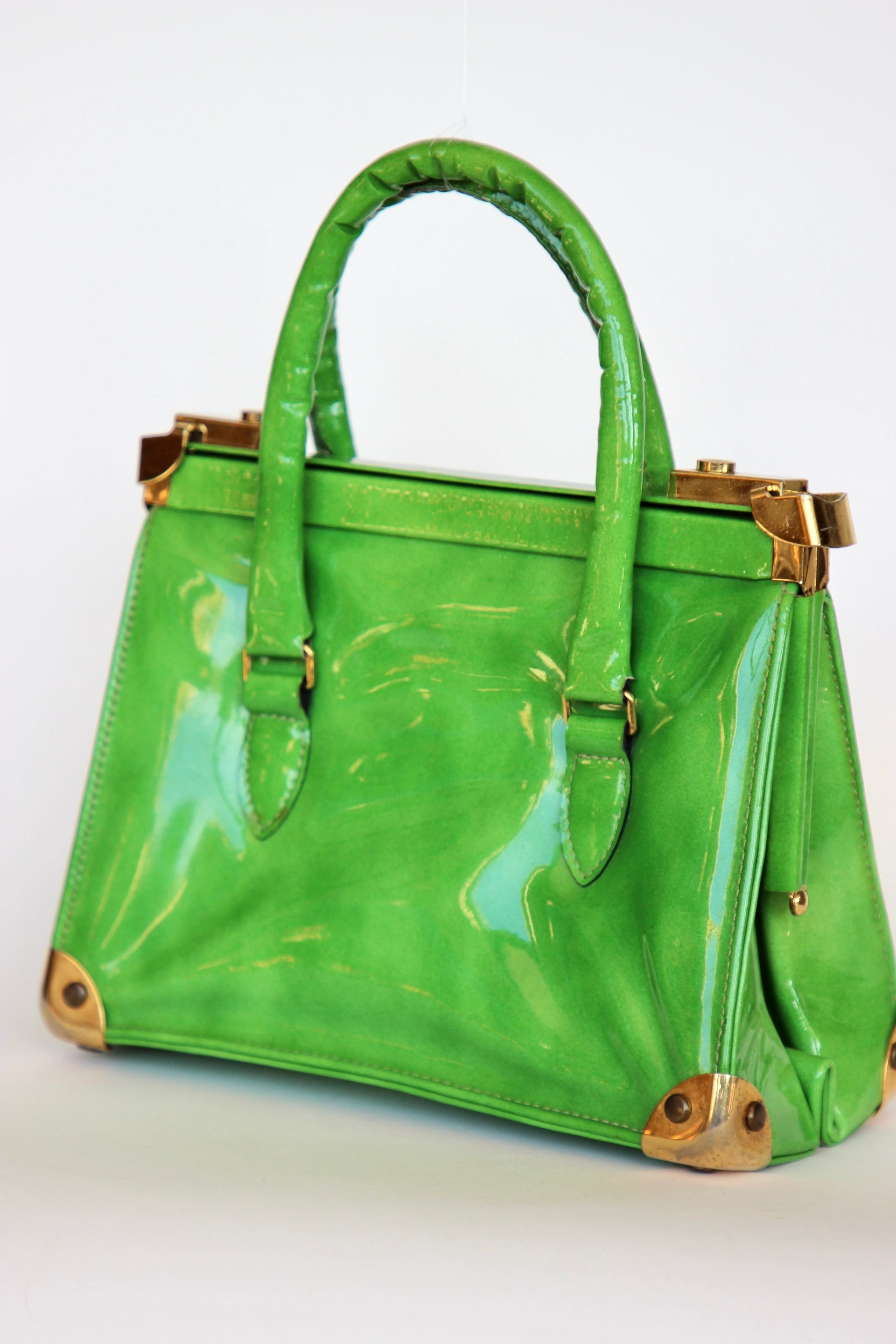 1960s Vintage Green Vinyl Purse / Top Handle Bag