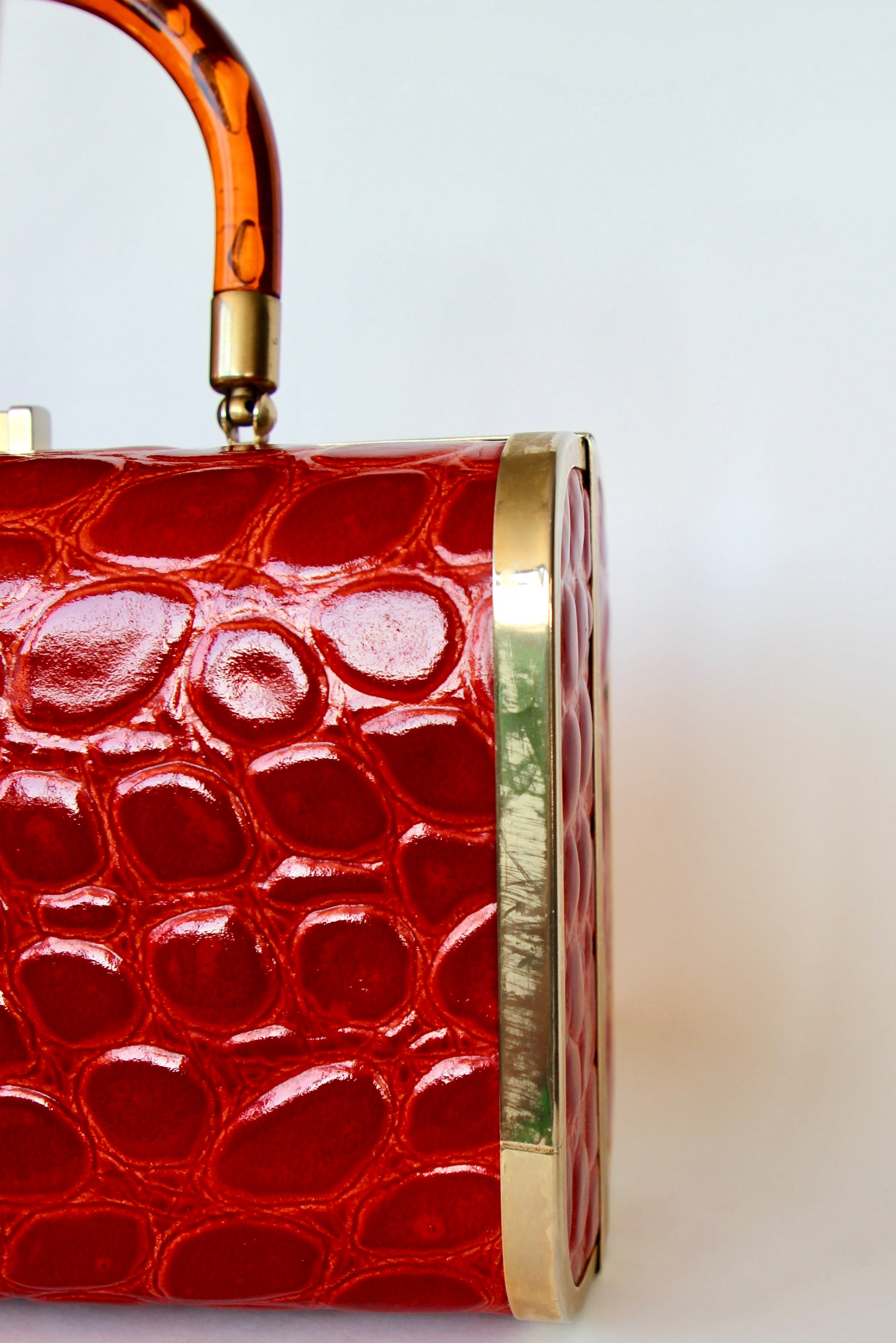 1950s 1960s Bright Red Leather Box Top Handle Bag/Purse