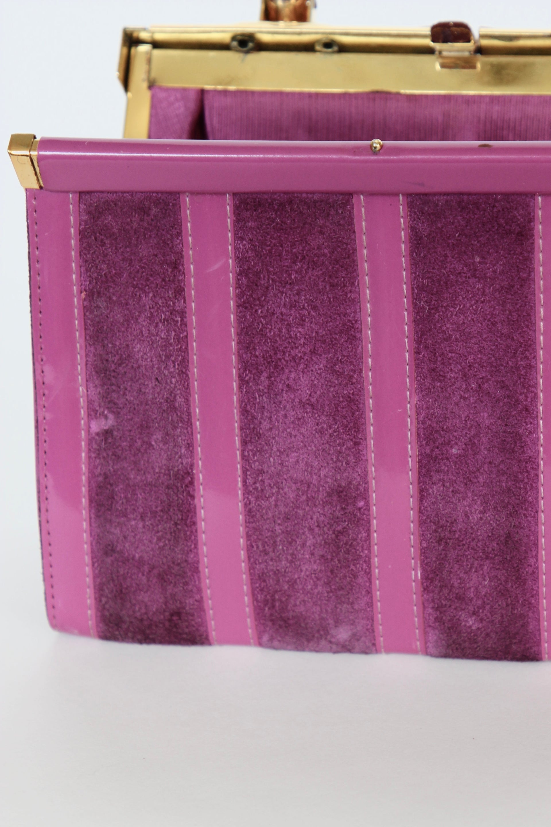1960s Vintage Purple Sued and Vinyl Top Handle Bag/Purse with Golden Closure.