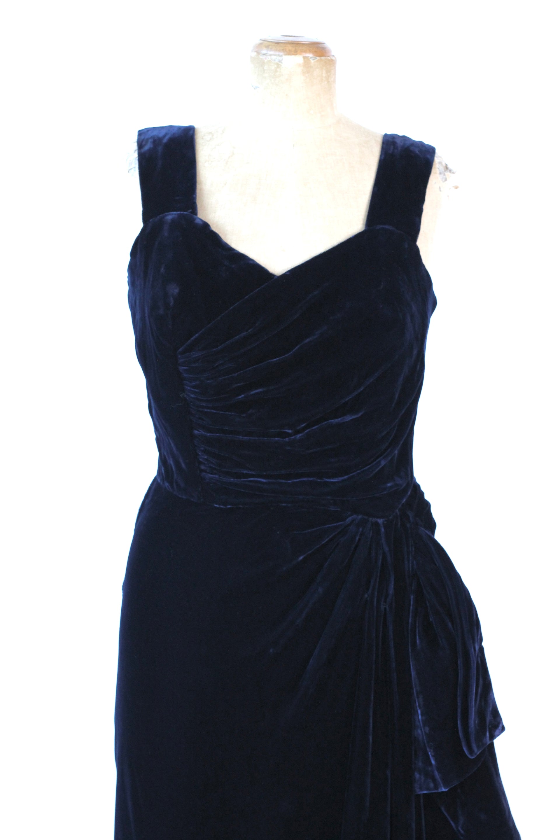 1950s Dark Blue Velvet Silk Dress//Size M