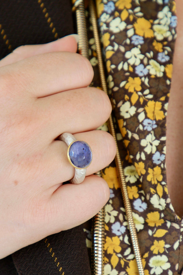 Handmade Iolite Cup Ring // Poppy Dandiya Ring // Hammered Sterling Silver // 24K Filled Gold // Size 53