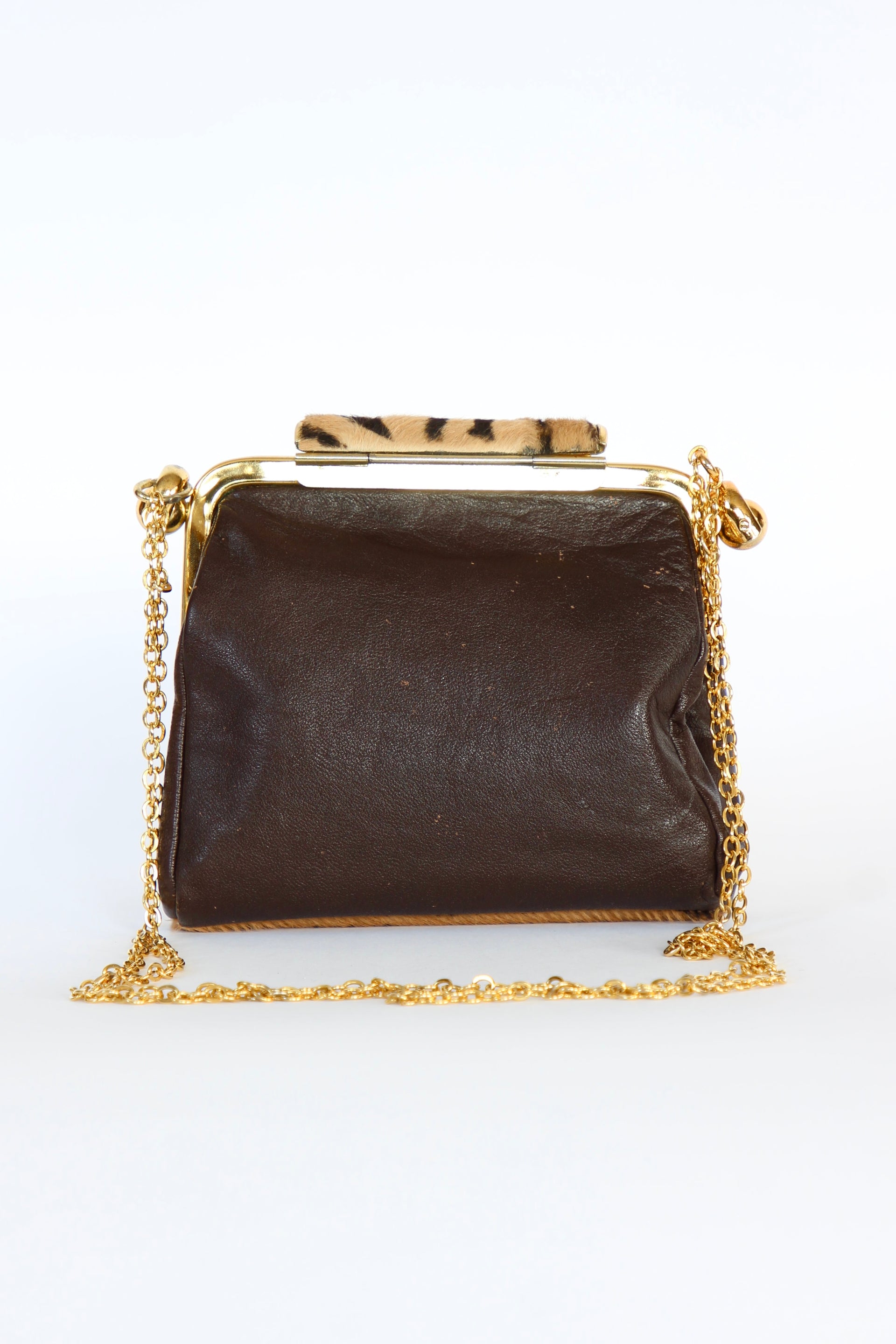 1960s Vintage Shoulder Bag with Zebra Pattern Fur and Brown Leather