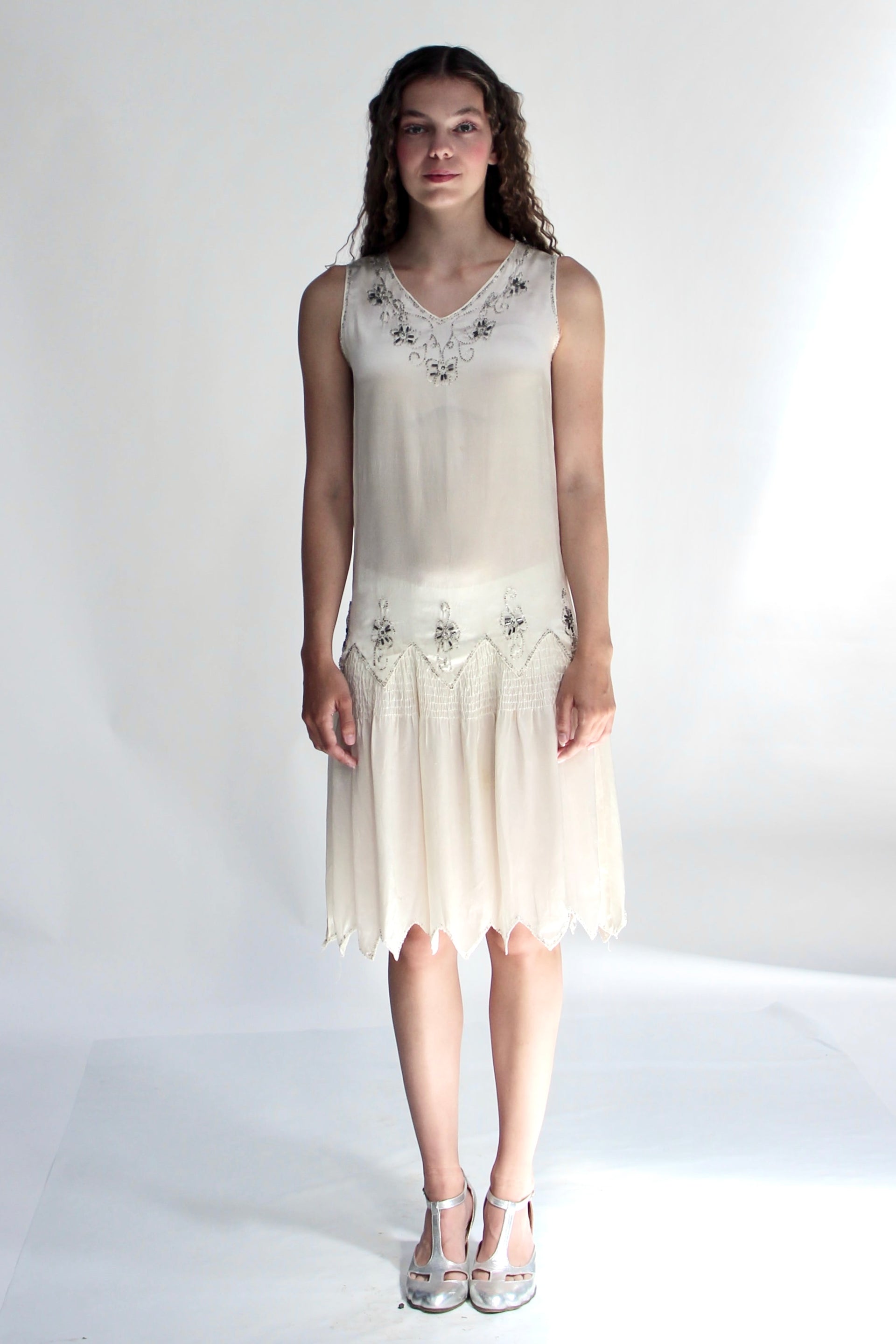 1920s White Silk Dress with Glass Beads and Rhinestones