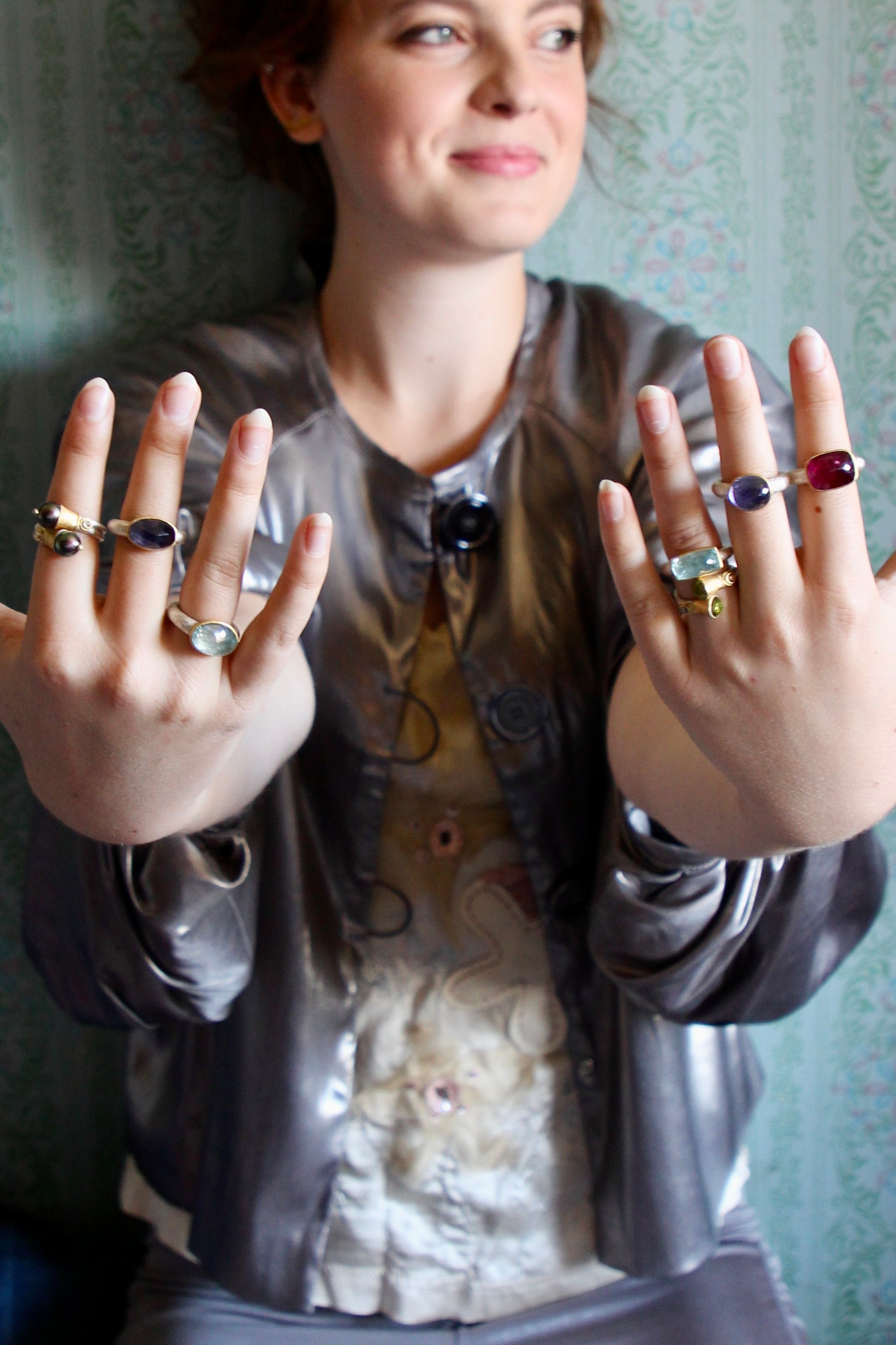 T1090 Handmade Tahitian Black Pearls and Diamonds / Crossover Ring / Poppy Dandiya / Hammered Sterling Silver / 24K Filled Gold / Matte Silver