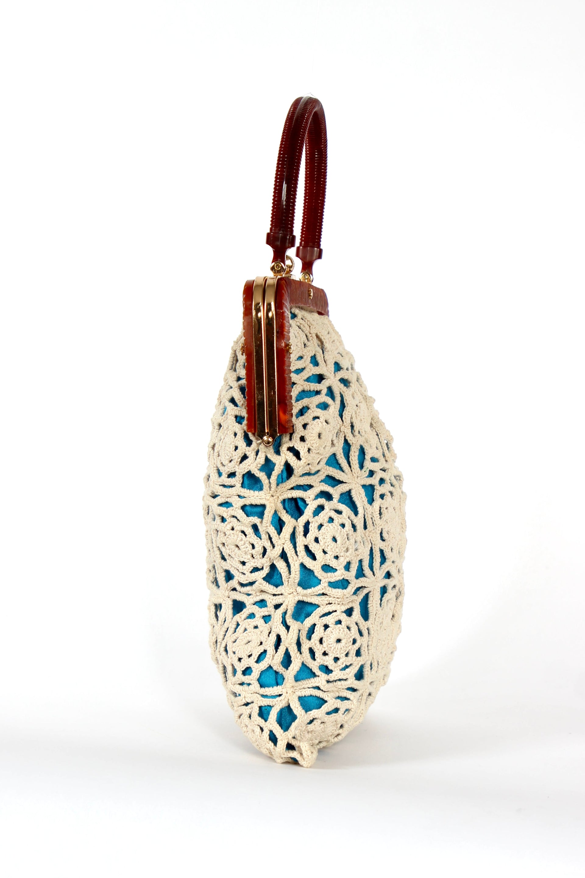 1960s Vintage Handmade Crochet Bag with Plastic Handle and Frame