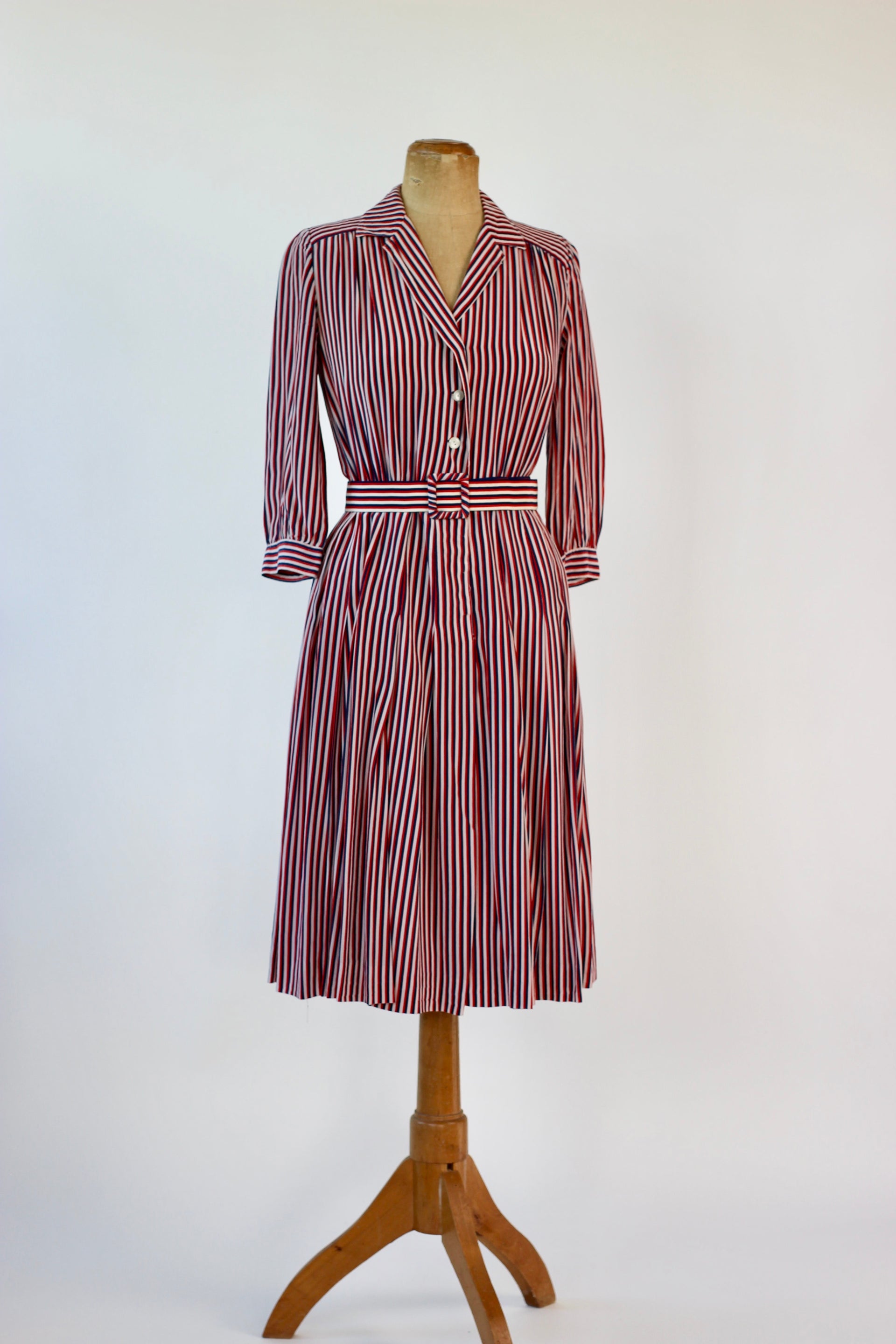 1940s Striped Silk Dress in Red, White and Blue // Size M