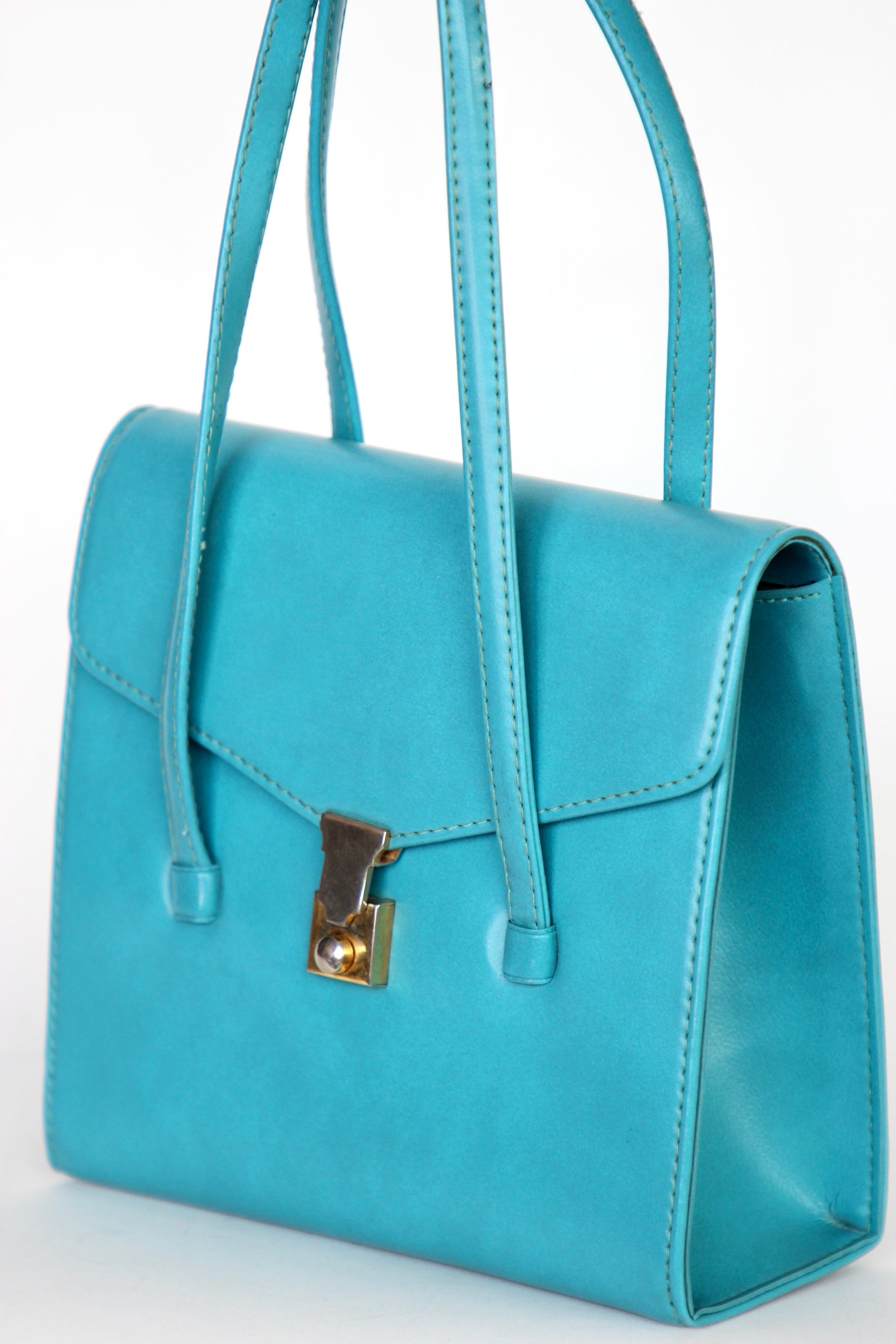 1970s Vintage Blue Vinyl Purse / Top Handle Bag