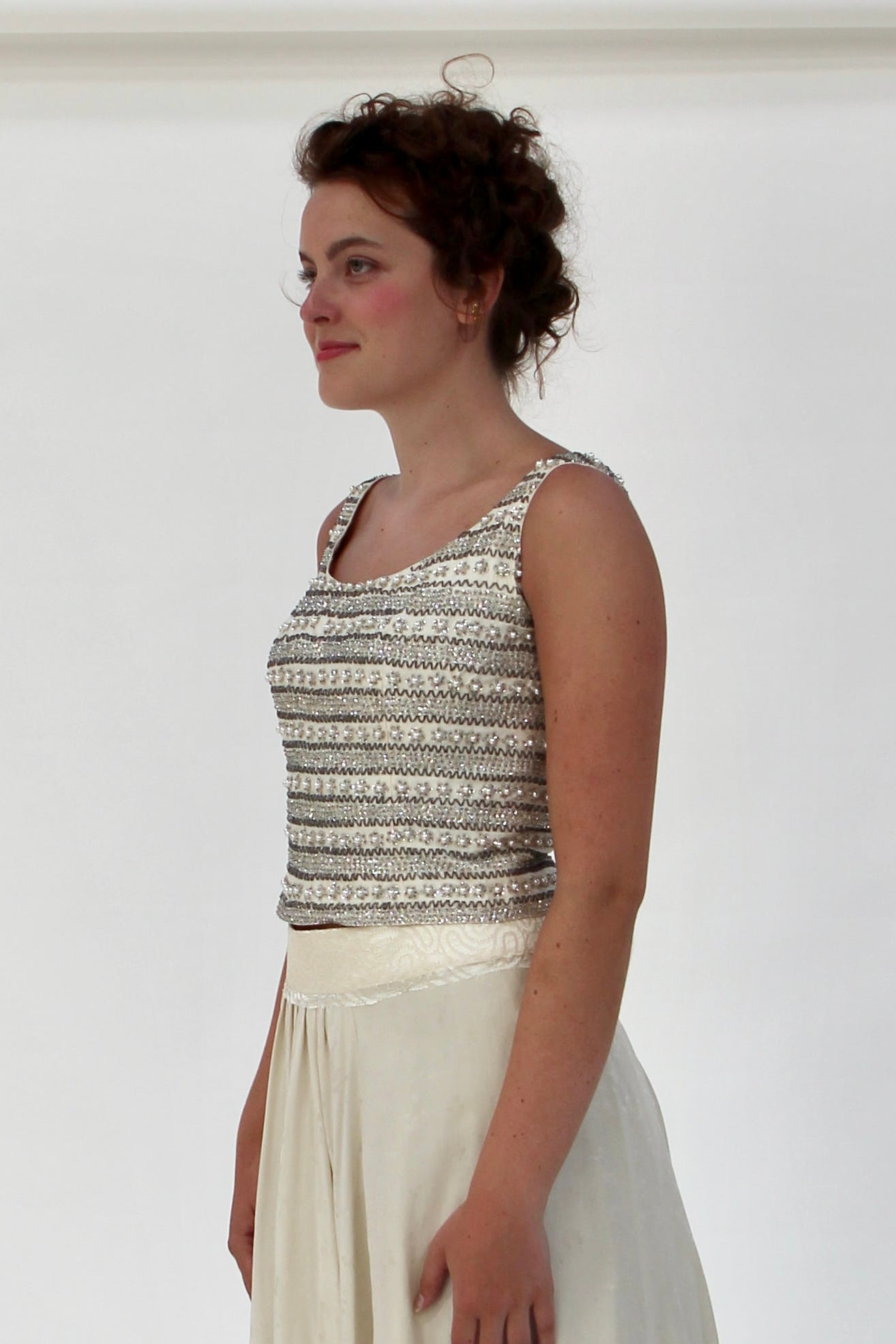 1950s Vintage Raw Silk Beaded Top // Size S