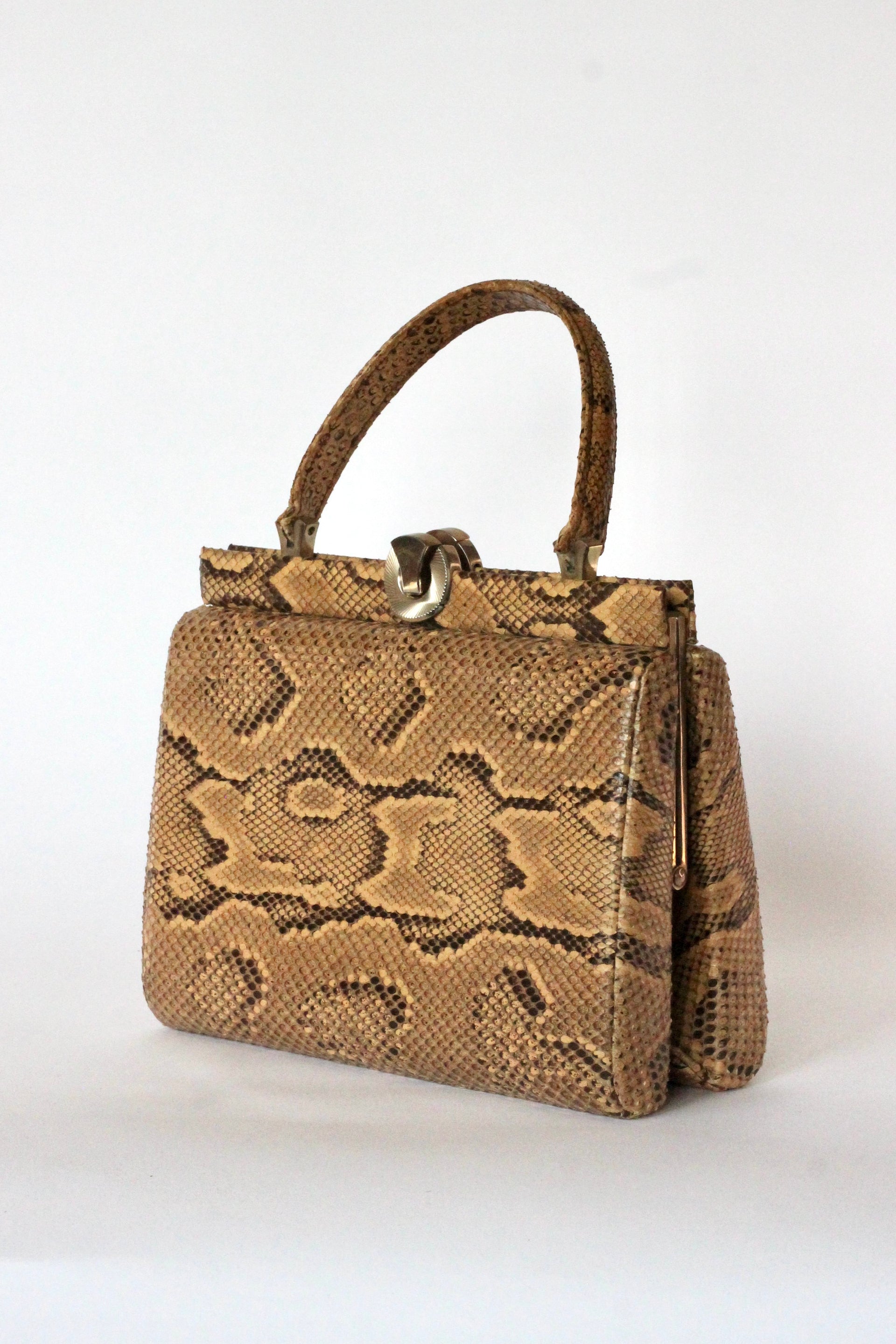 1950s Brown Snakeskin/Leather Top Handle Bag
