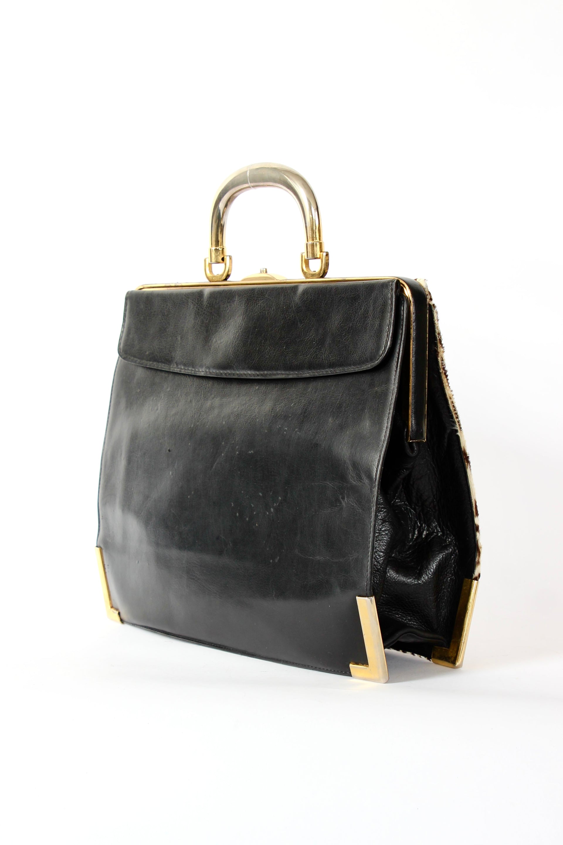 1960s Vintage Bon Goût Black Leather Top Handle Bag with Zebra Pattern Fur