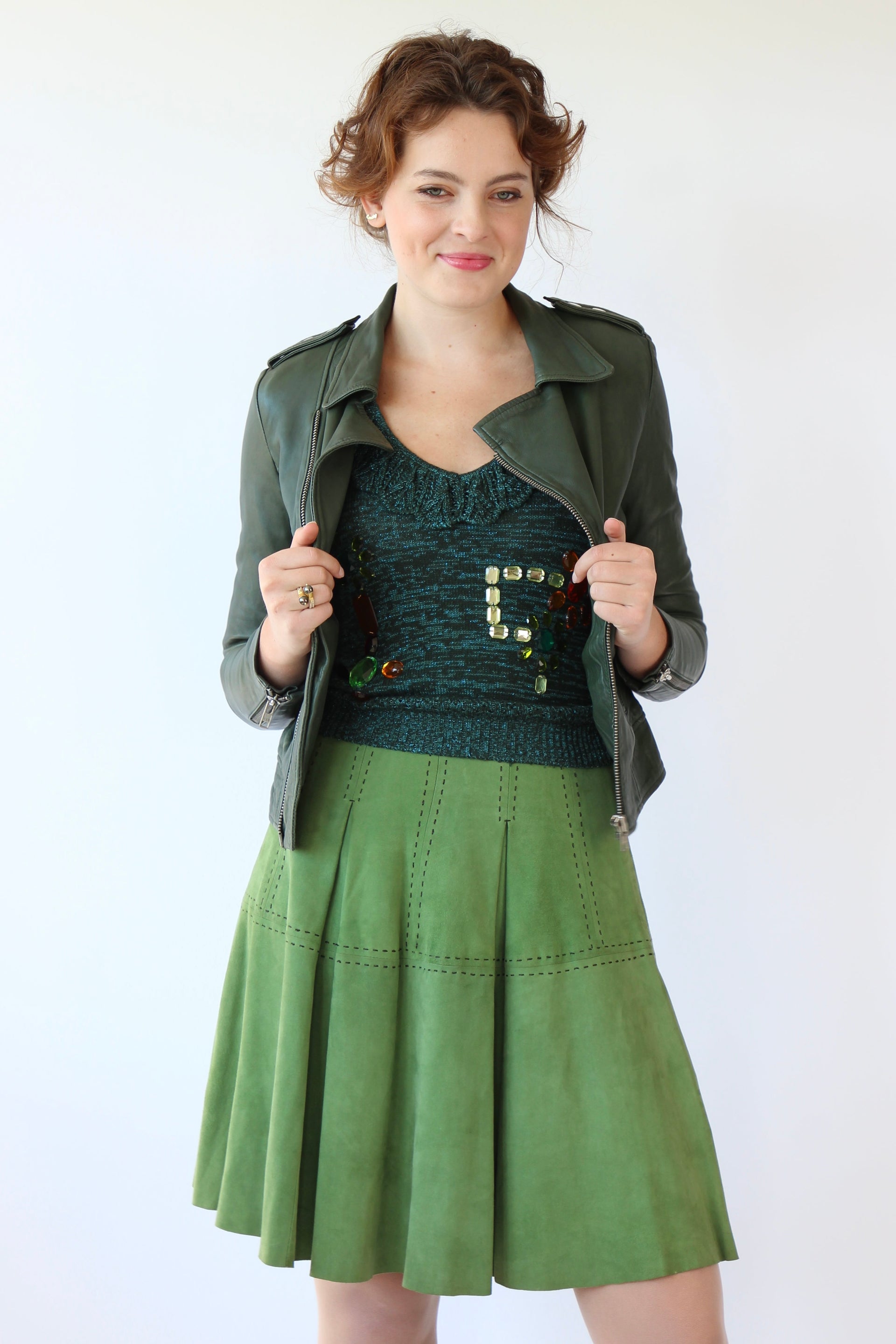 Vintage Green Suede Skirt with Black Stitches // Size XS/S