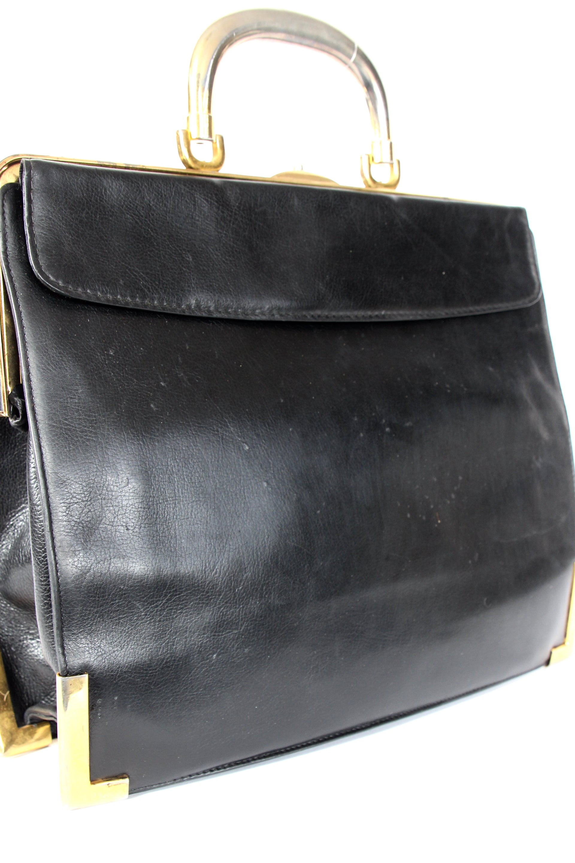 1960s Vintage Bon Goût Black Leather Top Handle Bag with Zebra Pattern Fur