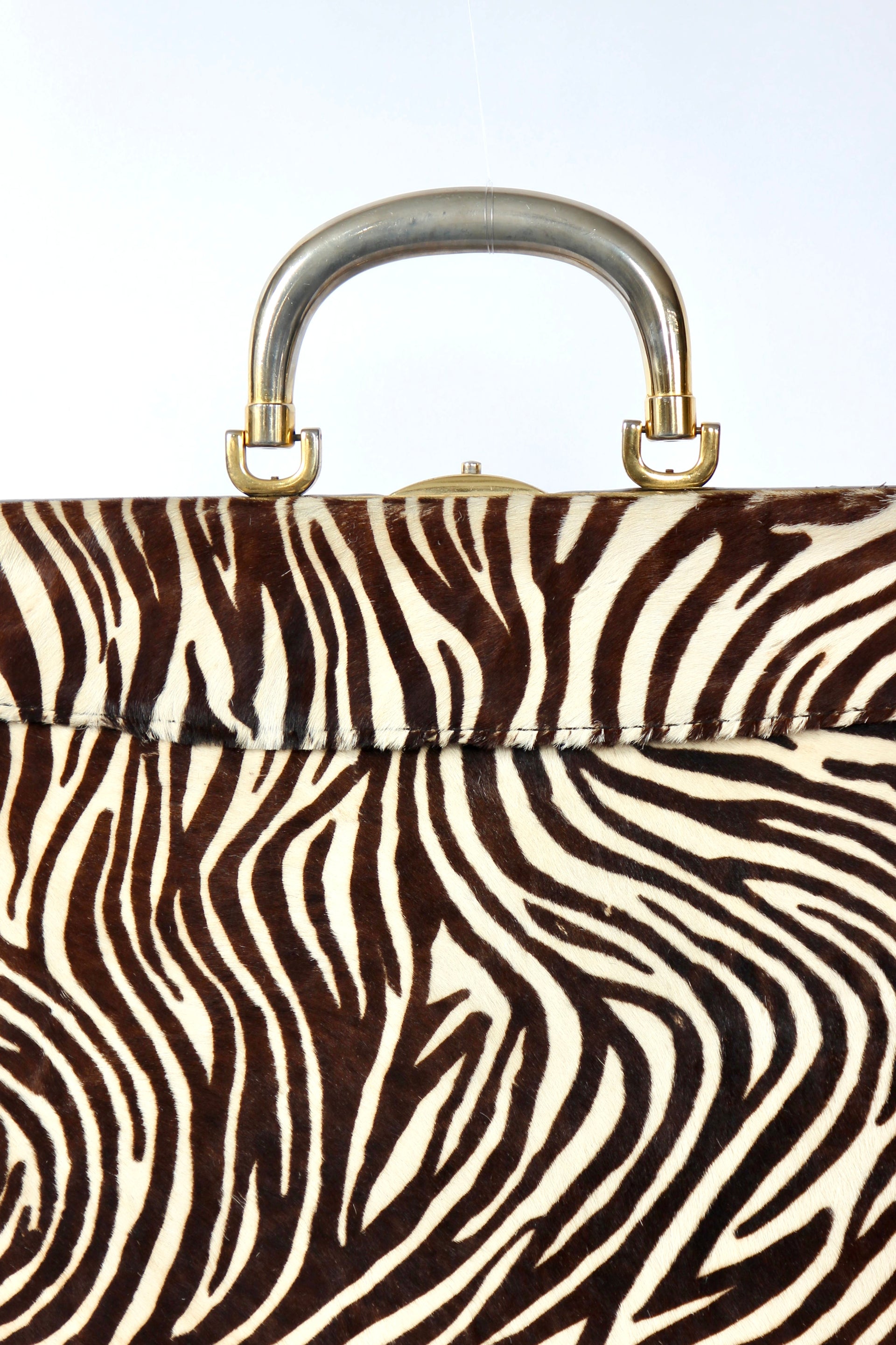 1960s Vintage Bon Goût Black Leather Top Handle Bag with Zebra Pattern Fur