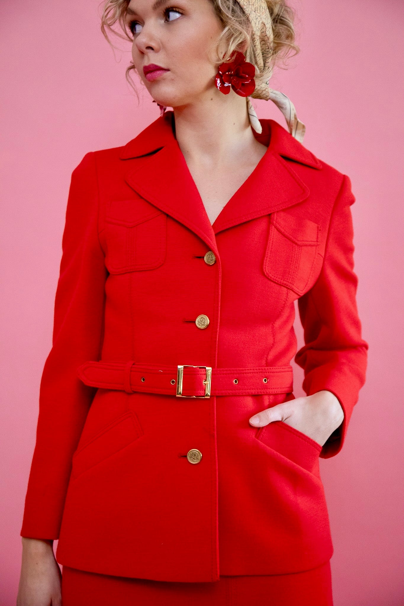 1960s 1970s Vintage Bright Red Wool Skirt Suit // Size S