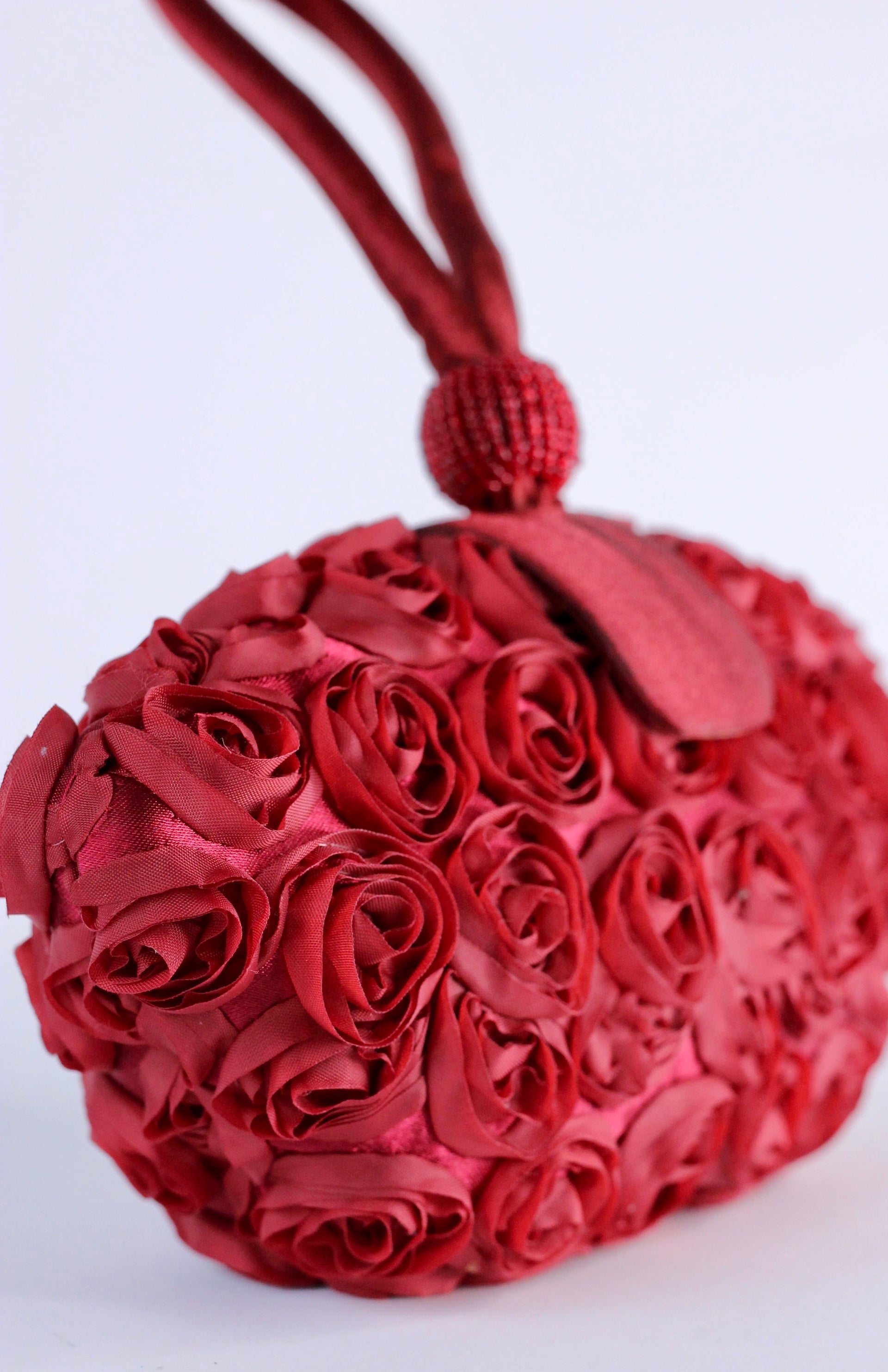 Vintage Red Satin Clutch Bag with 3D Roses and Beads