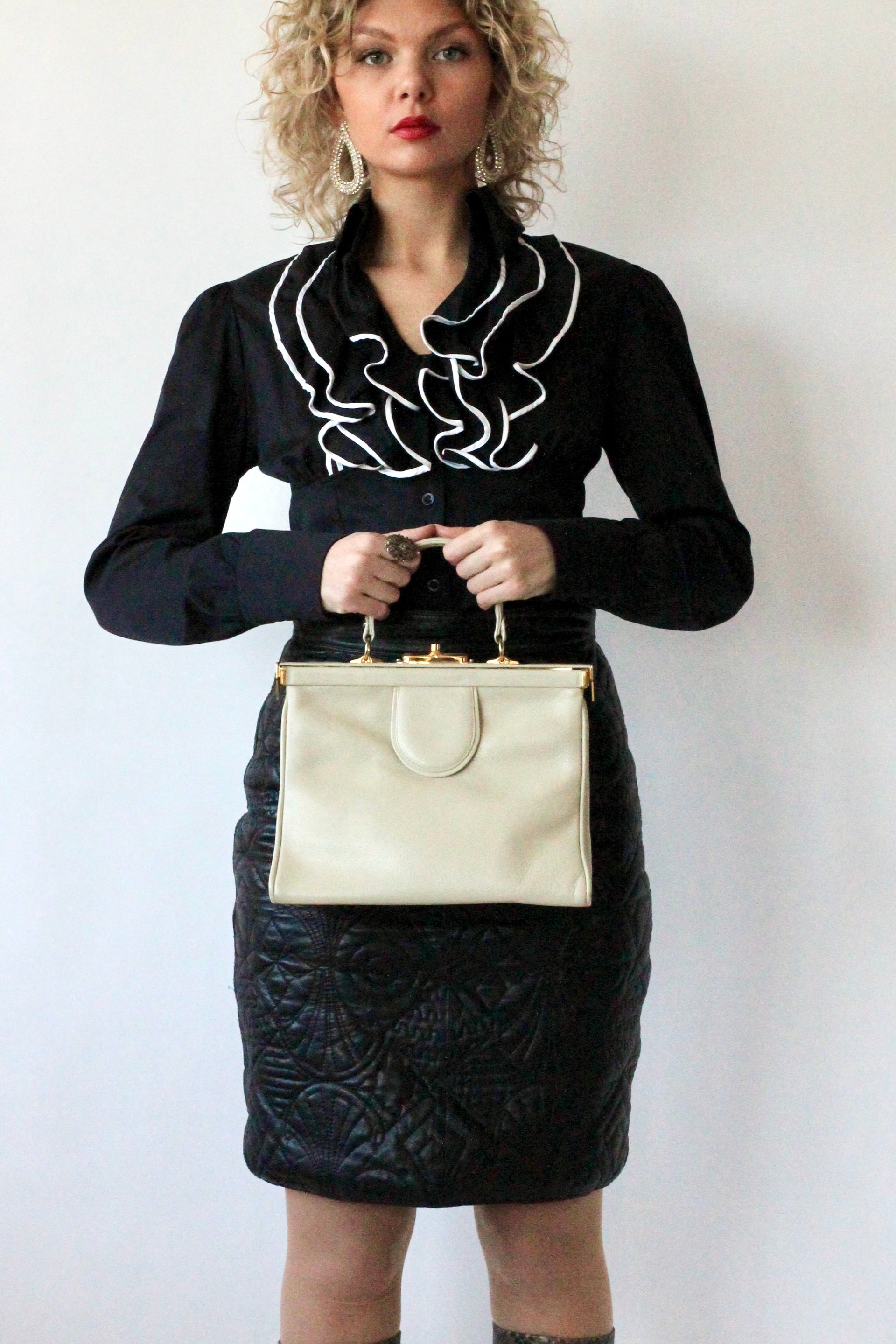 1950S 1960s Ivory Leather Top Handle Bag with Red Linen/Danish Design