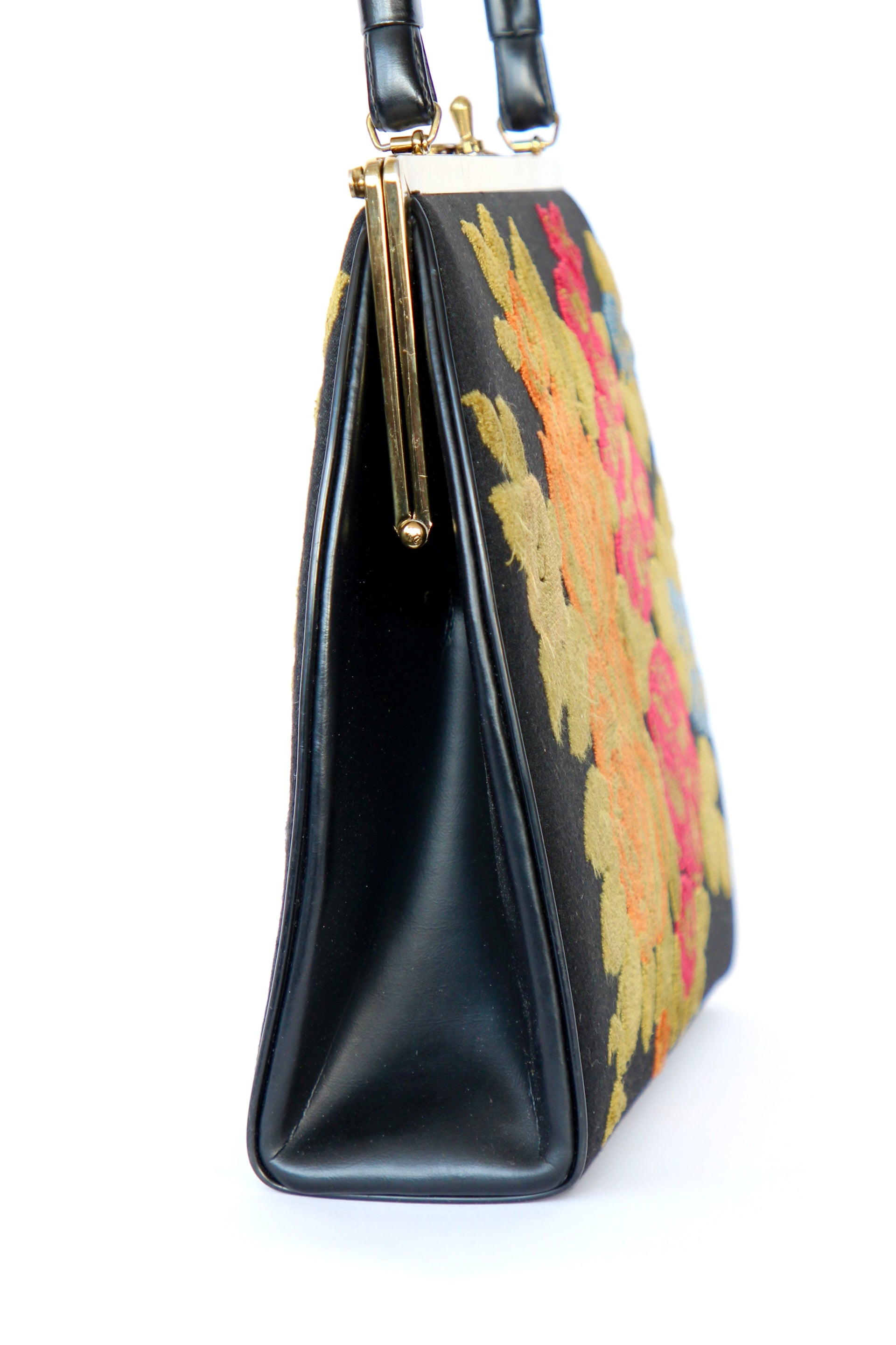 1940s 1950s Vintage Large Black Embroidered Top Handle Bag
