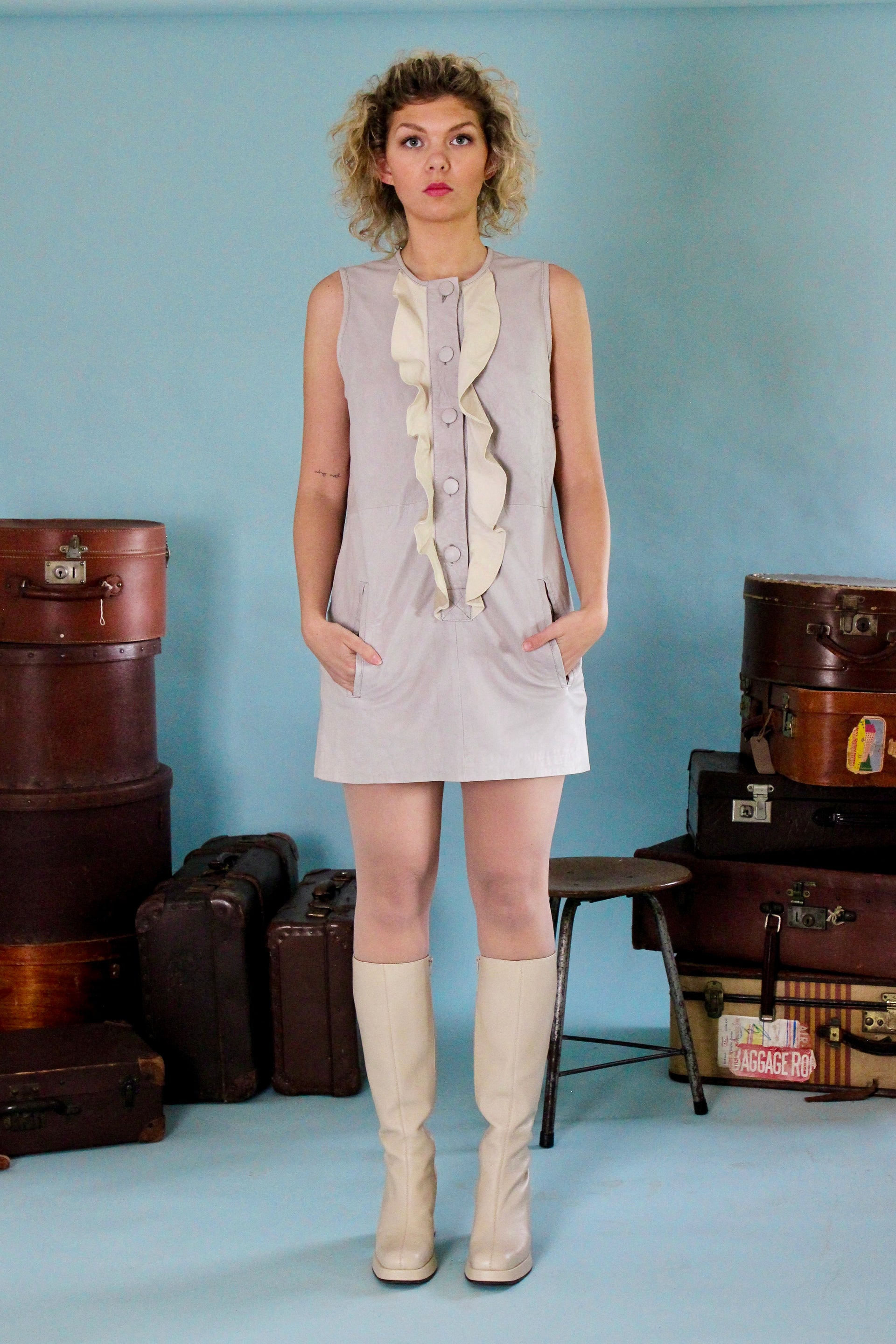 Vintage Grey and Ivory Mini Leather Dress // Size XS/S