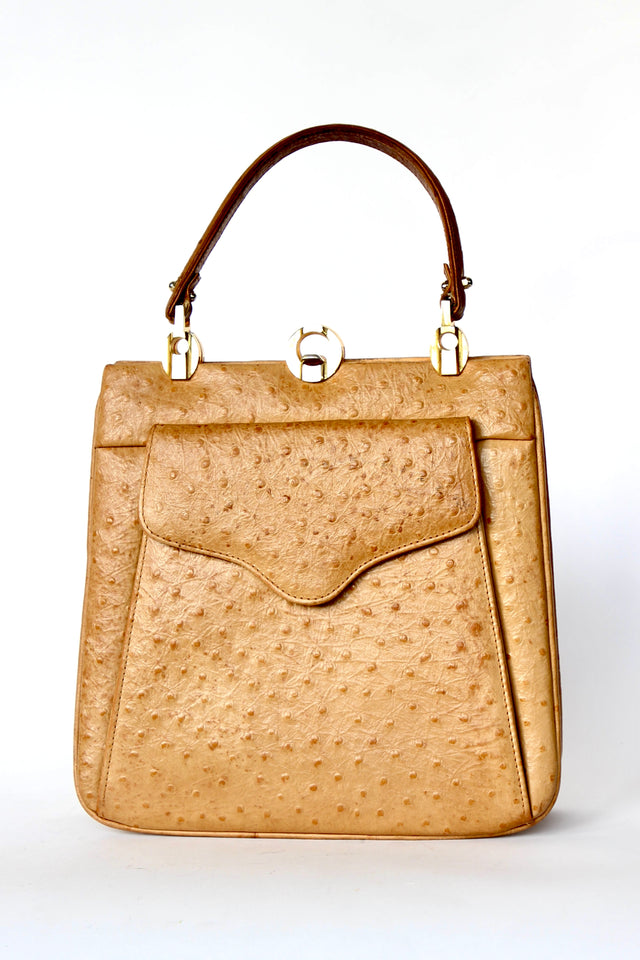 1940s Vintage Brown Ostrich Leather Top Handle Bag/Purse