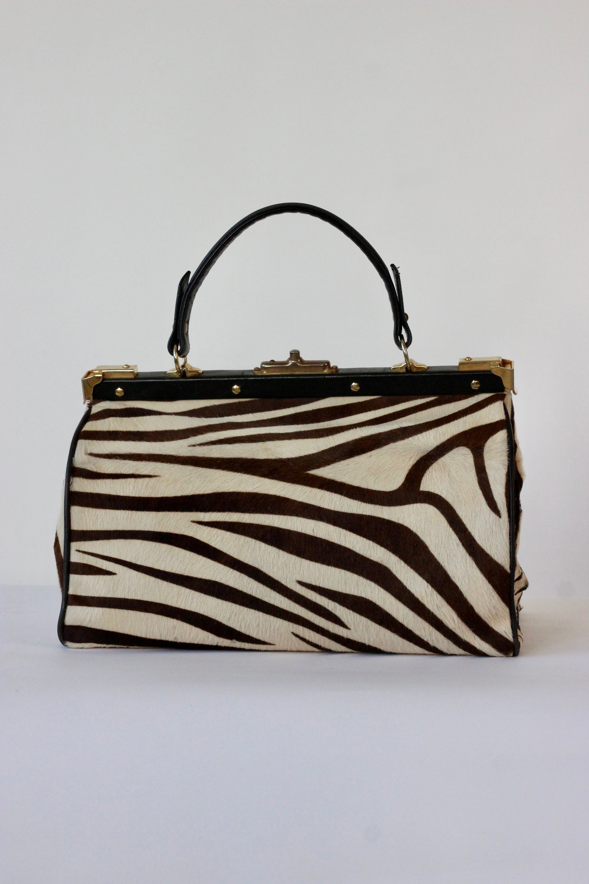 1950S 1960s Black Leather Top Handle Bag with Zebra Pattern Fur//Danish Design