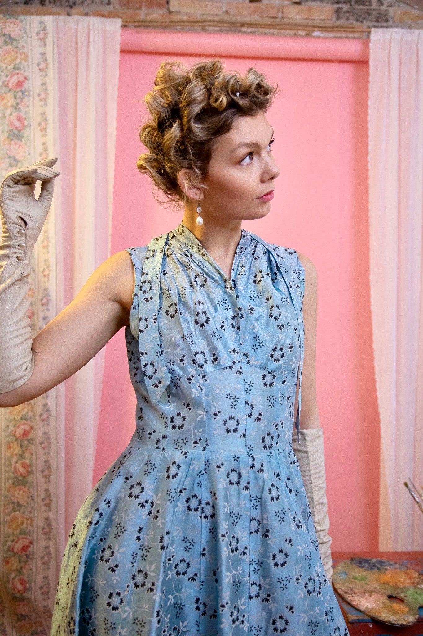 1950s Light Blue Floral Dress//Size S/M