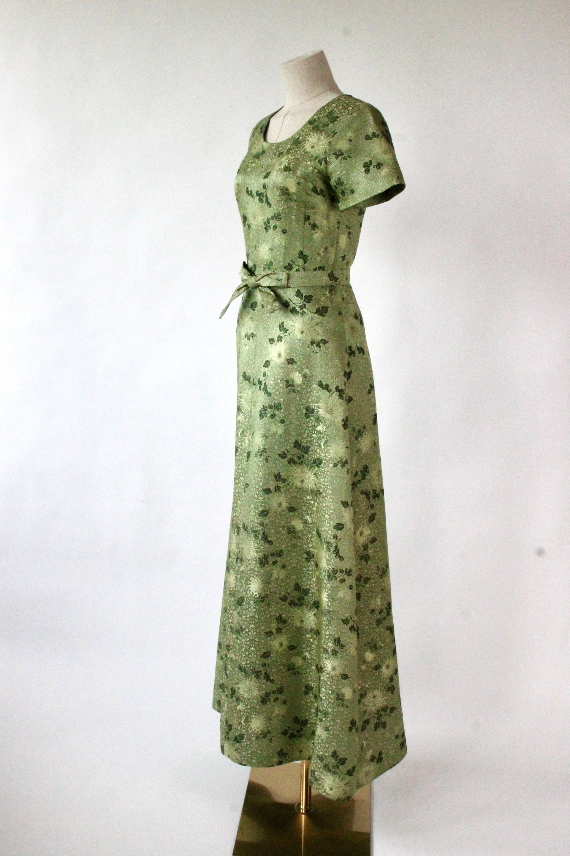 1950s 1960s Green/Gold Evening Gown with Chinese Inspired Pattern//Size XS/S