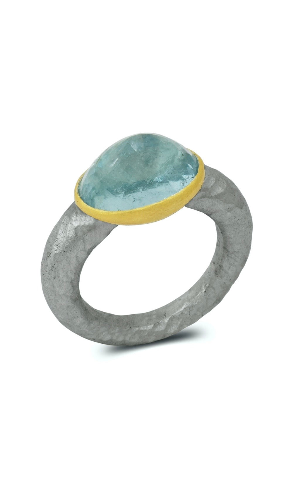 Handmade Aquamarine Ring // Poppy Dandiya // Hammered Sterling Silver // 24K Filled Gold // Size 53