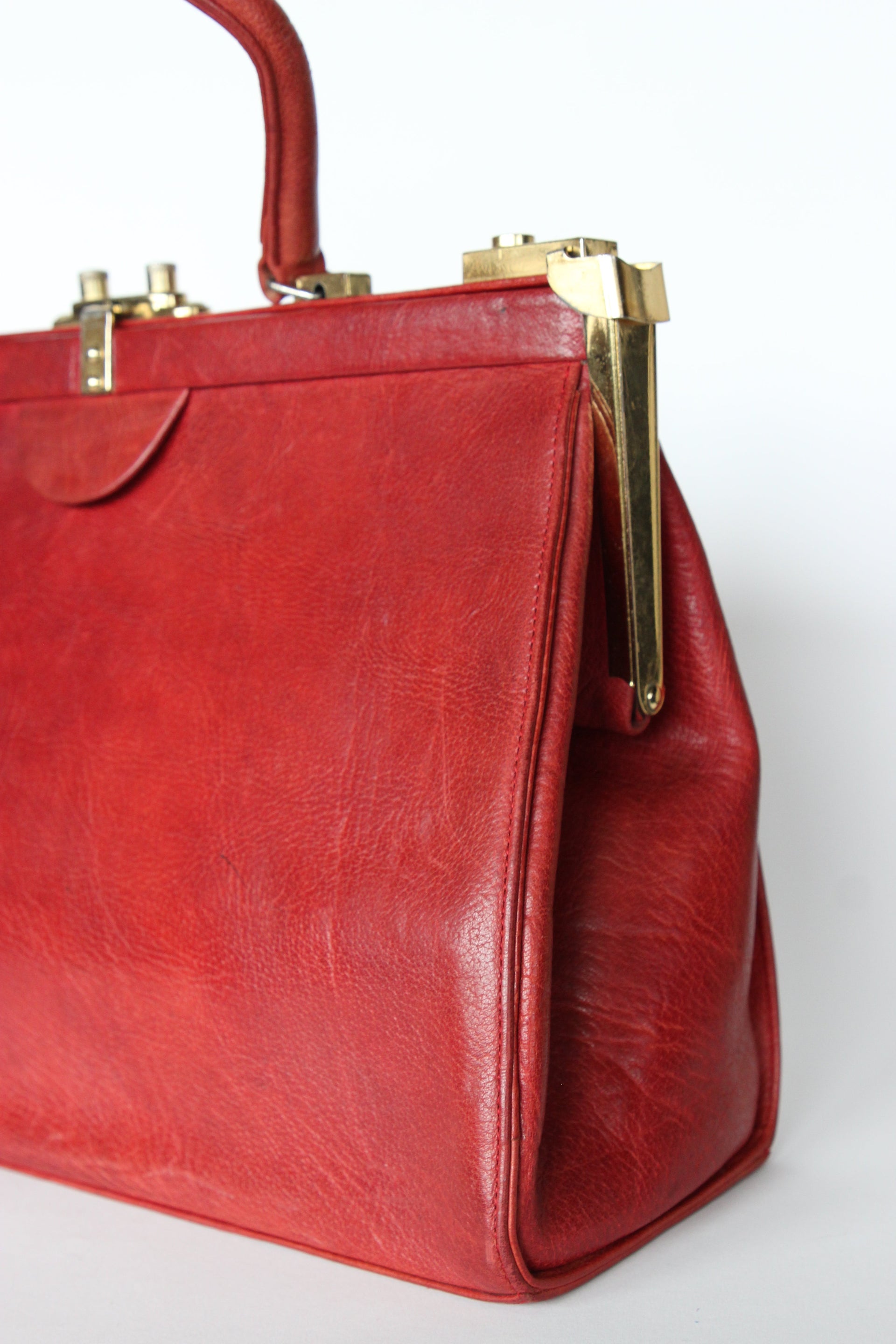 1960s Vintage Large Red Leather Top Handle Bag / Made in France