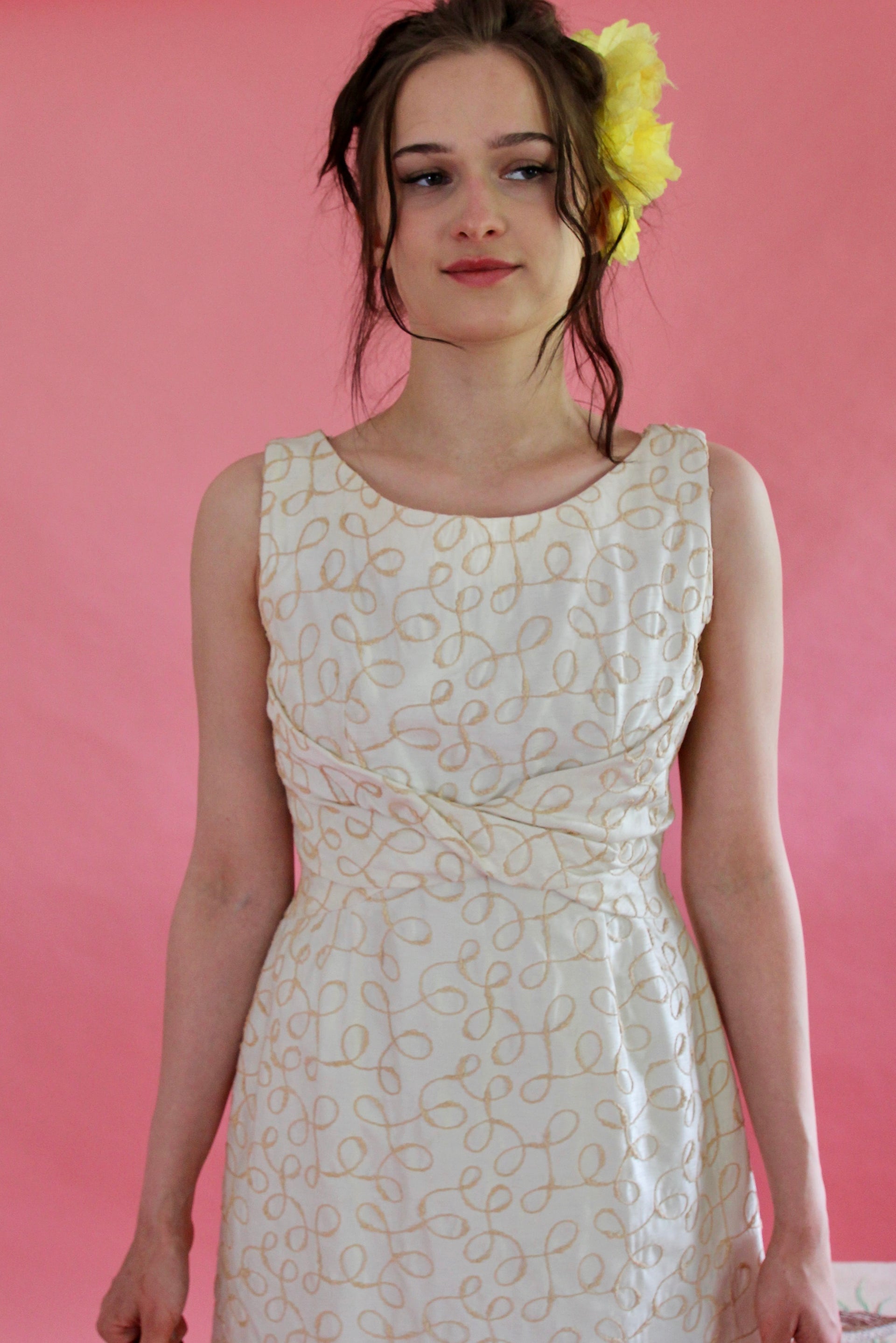 1960s Ivory Designer Cocktali Dress//Size M