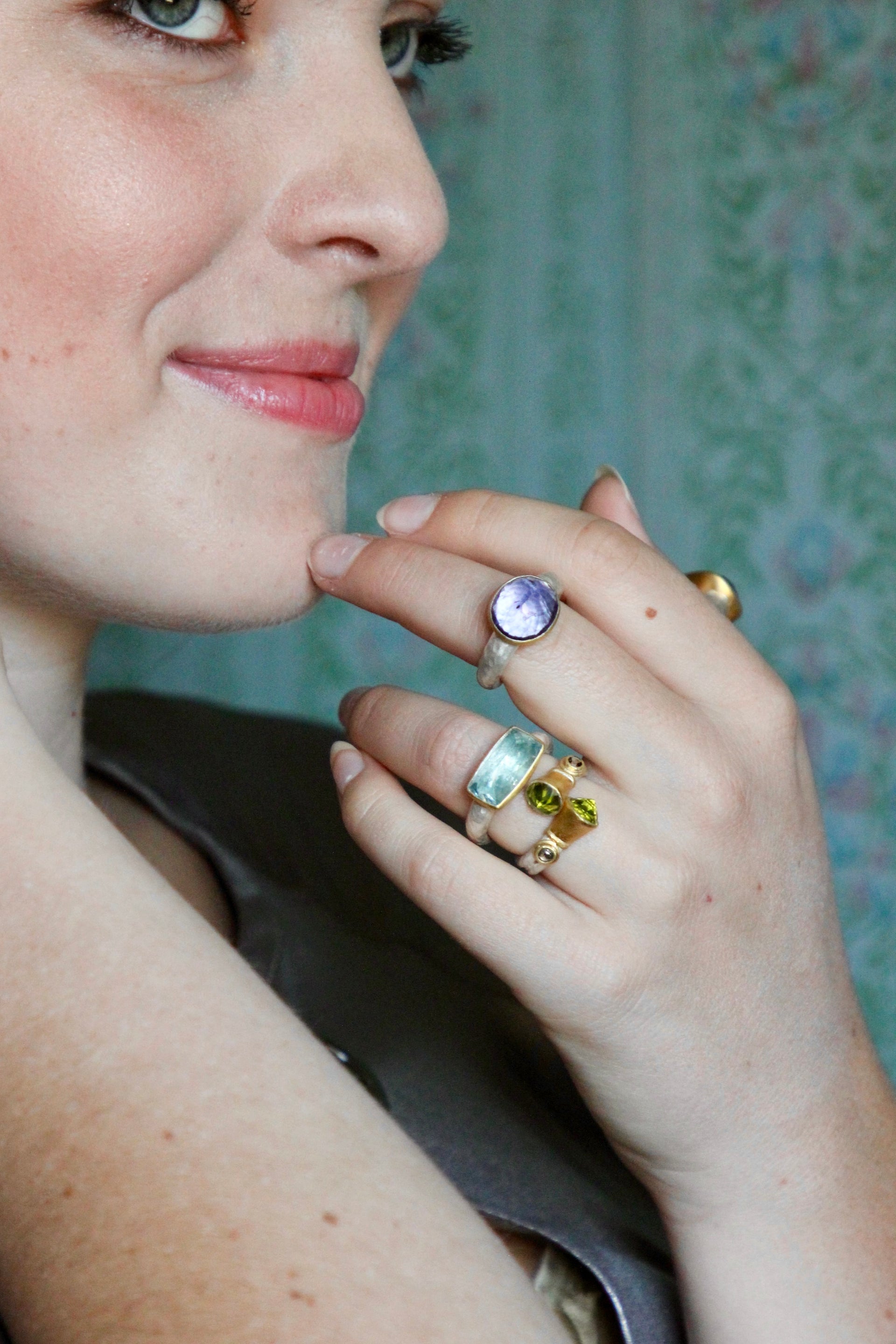 Handmade Aquamarine Cup Ring // Poppy Dandiya // Hammered Sterling Silver // 24K Filled Gold // Size 54