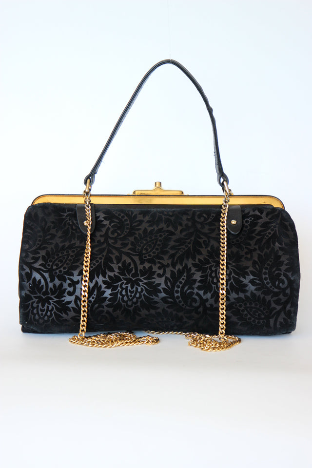 1960s Black Floral Suede/Leather Top Handle Bag/Shoulder Bag