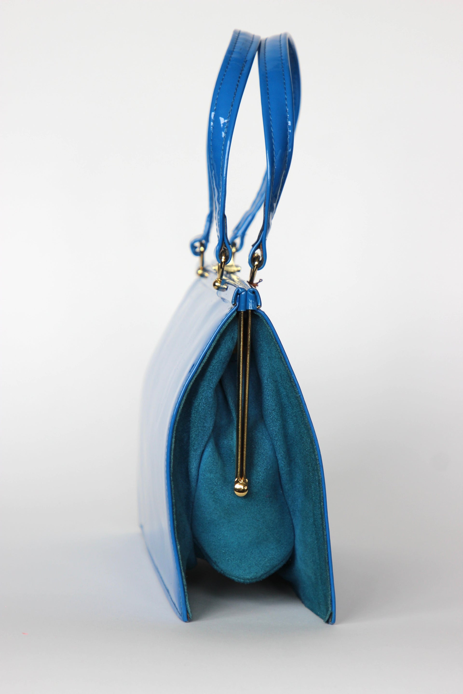 1960s 1970s Vintage Blue Suede and Patent Vinyl Purse Top Handle Bag/Purse