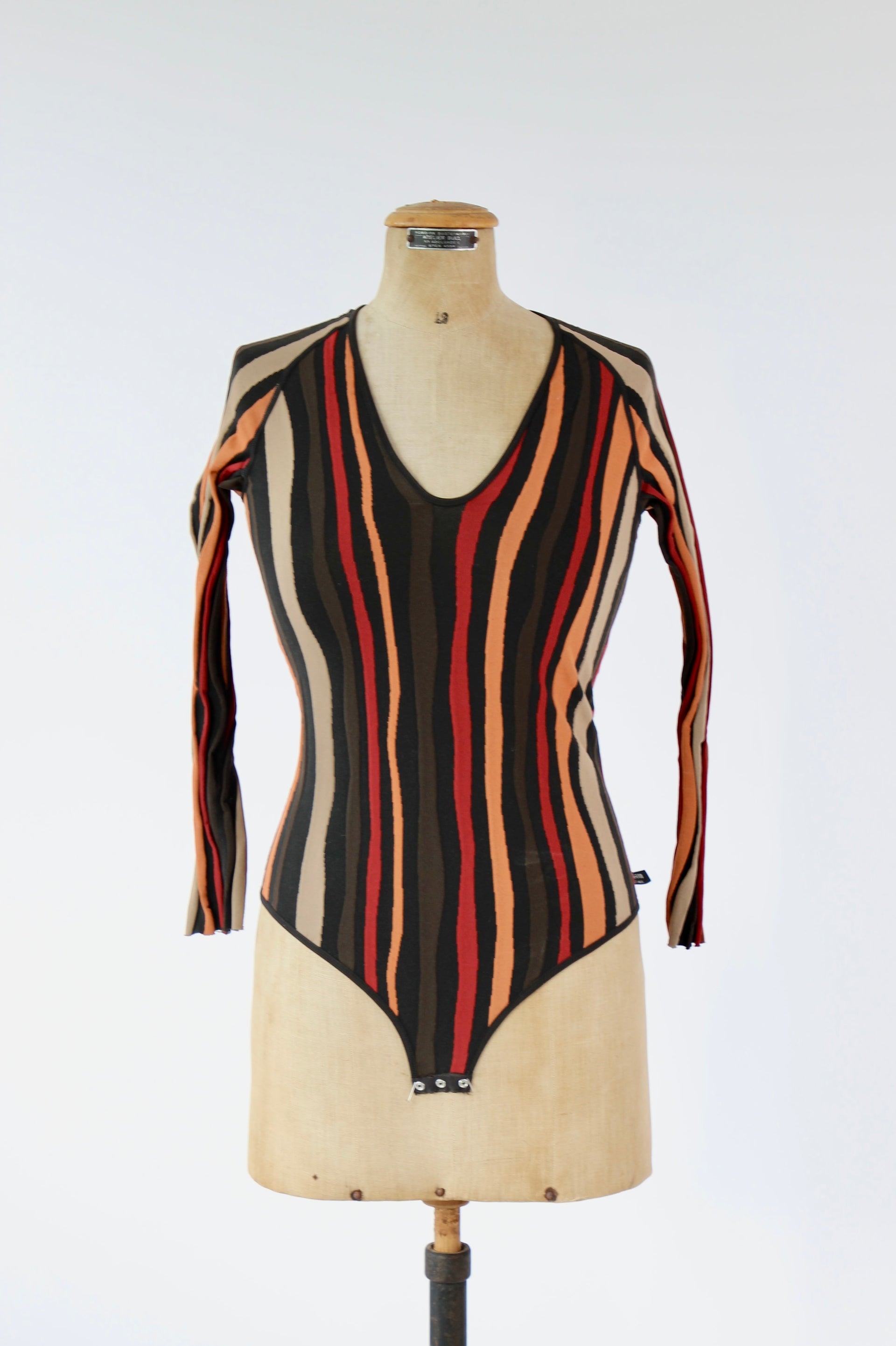 1990s Vintage Brown Striped Bodysuit // Size M