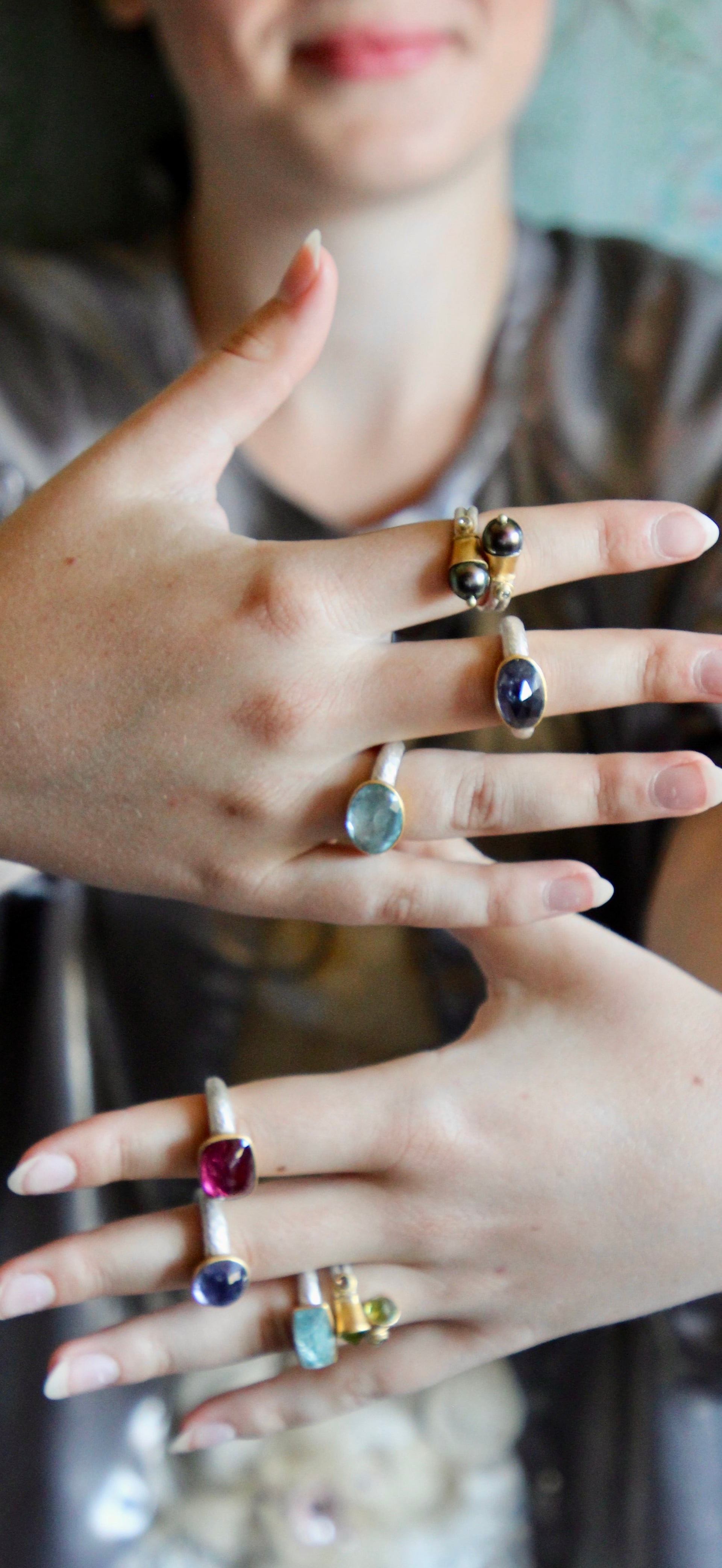 T1090 Handmade Tahitian Black Pearls and Diamonds / Crossover Ring / Poppy Dandiya / Hammered Sterling Silver / 24K Filled Gold / Matte Silver