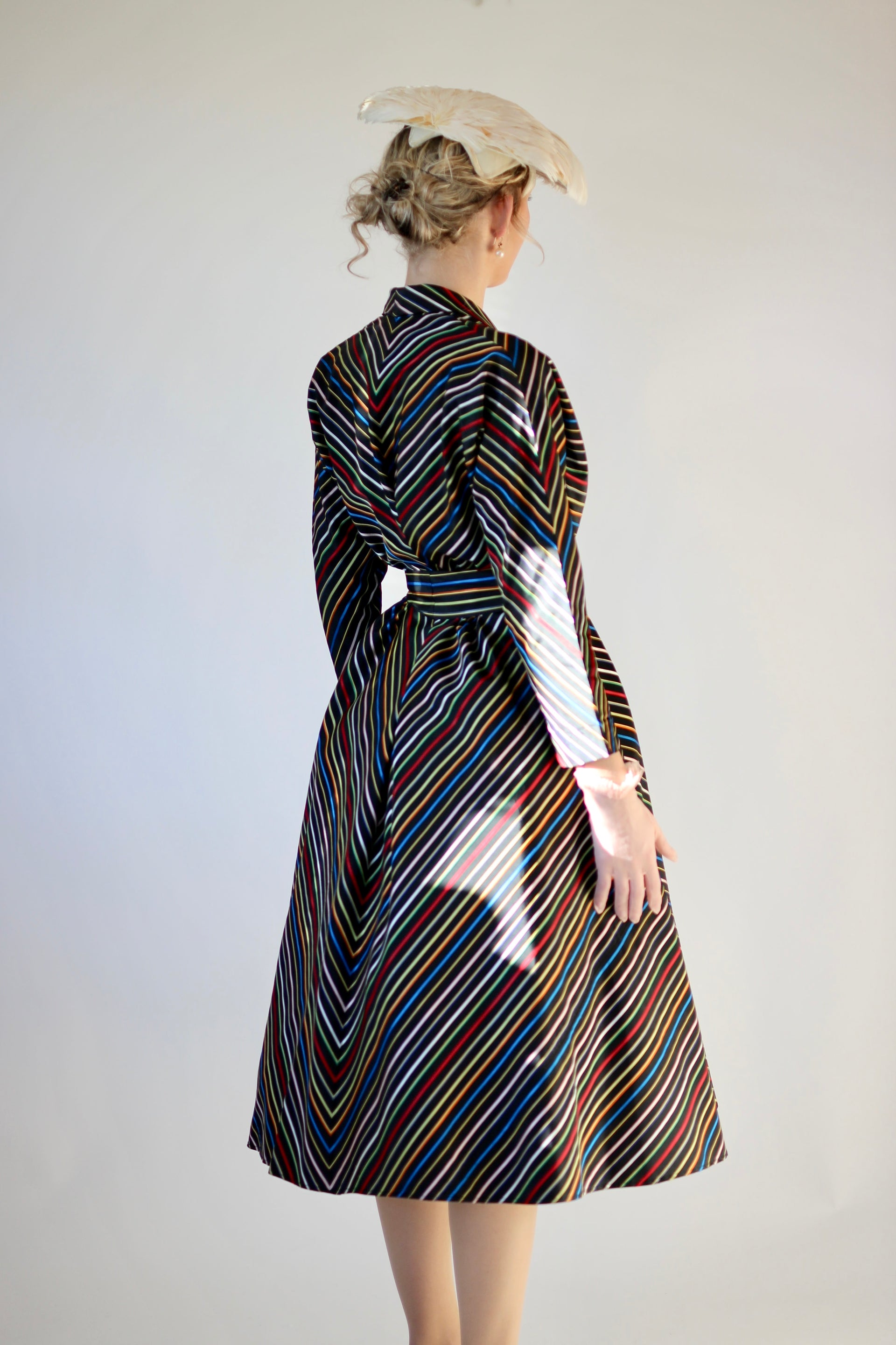 1940s Vintage Black Rainbow Striped Wrap Shirt Dress//Size S-L