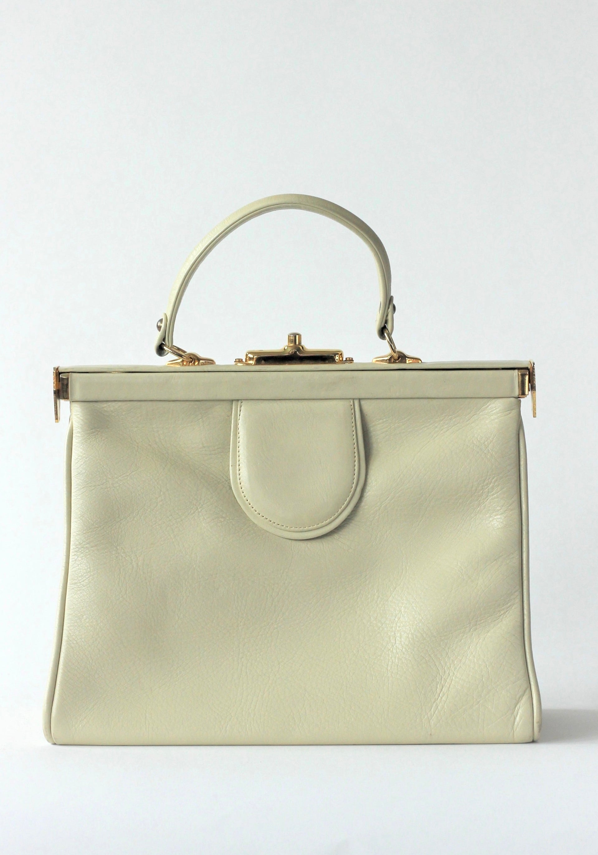 1950S 1960s Ivory Leather Top Handle Bag with Red Linen/Danish Design