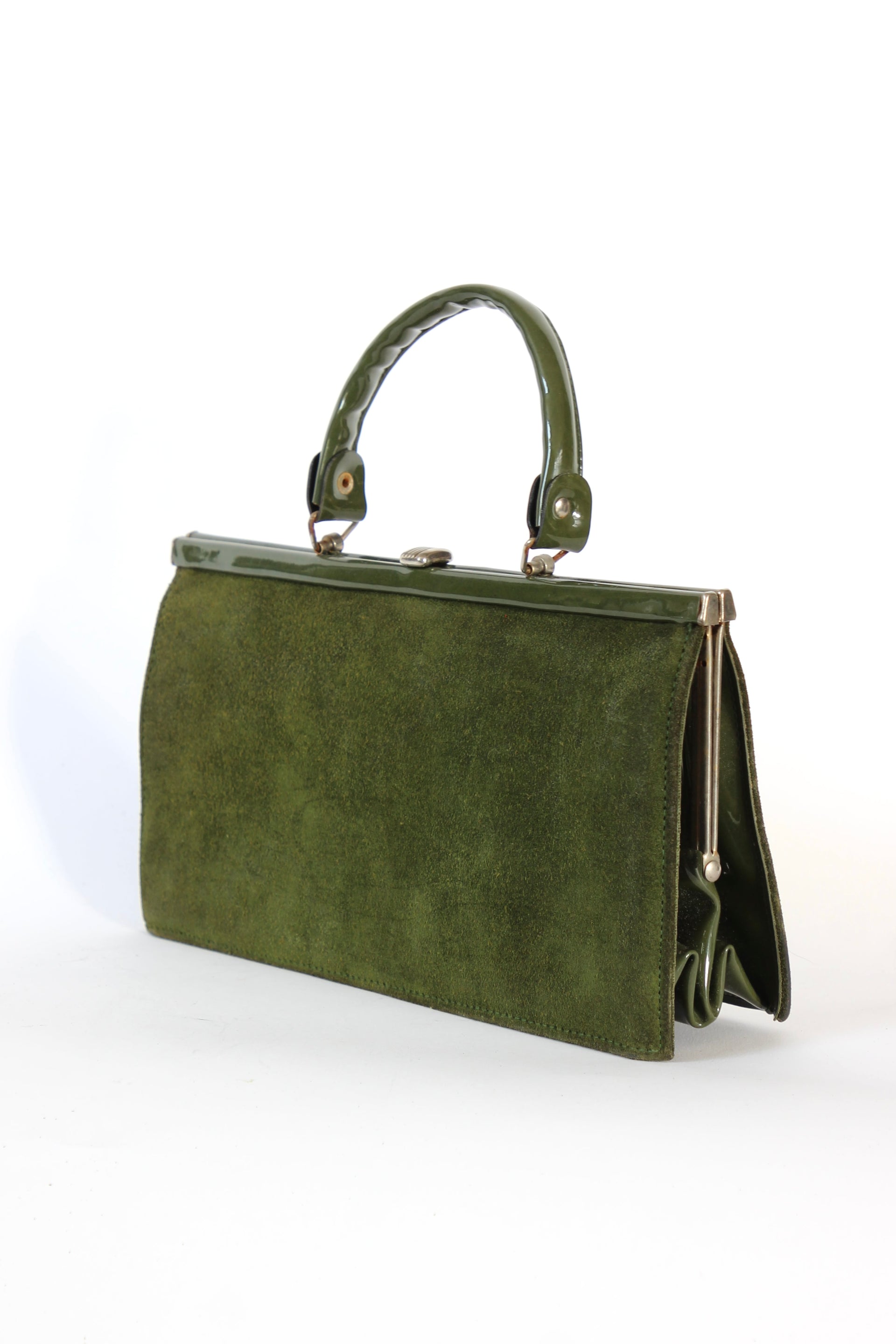 1960s Vintage Green Suede and Vinyl Top Handle Bag