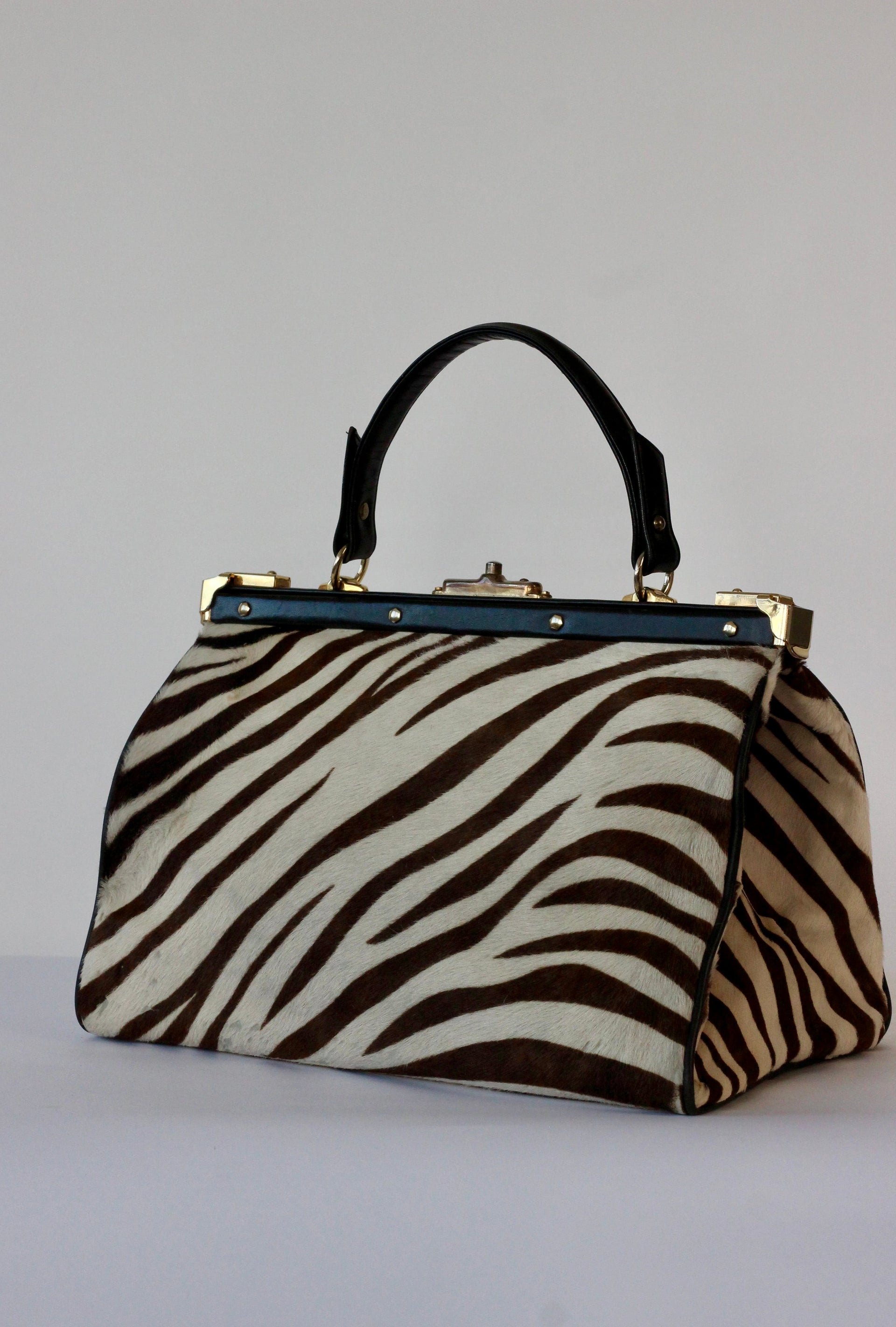 1950S 1960s Black Leather Top Handle Bag with Zebra Pattern Fur//Danish Design