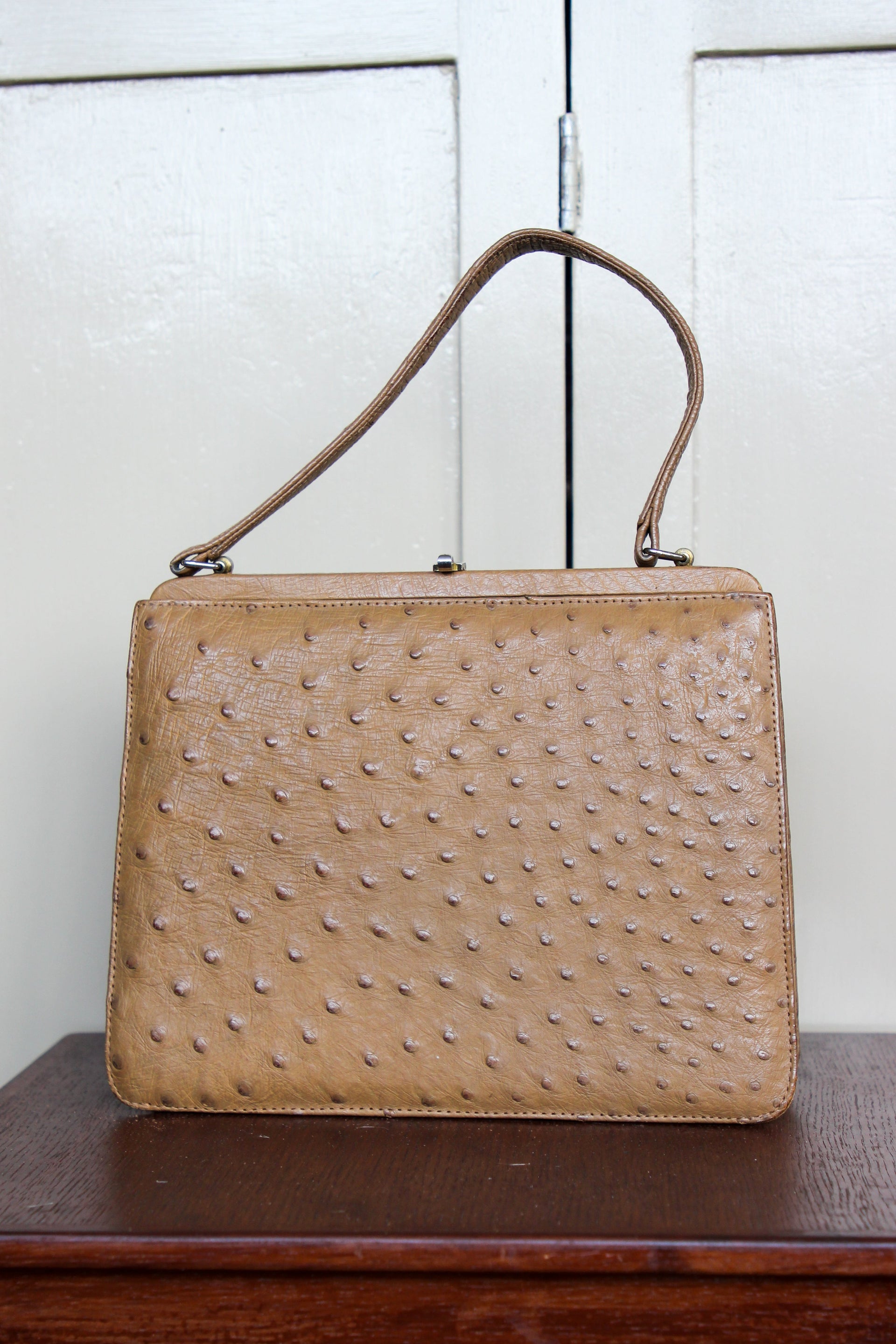 1950s 1960s Vintage Brown Ostrich Leather Top Handle Bag/Purse