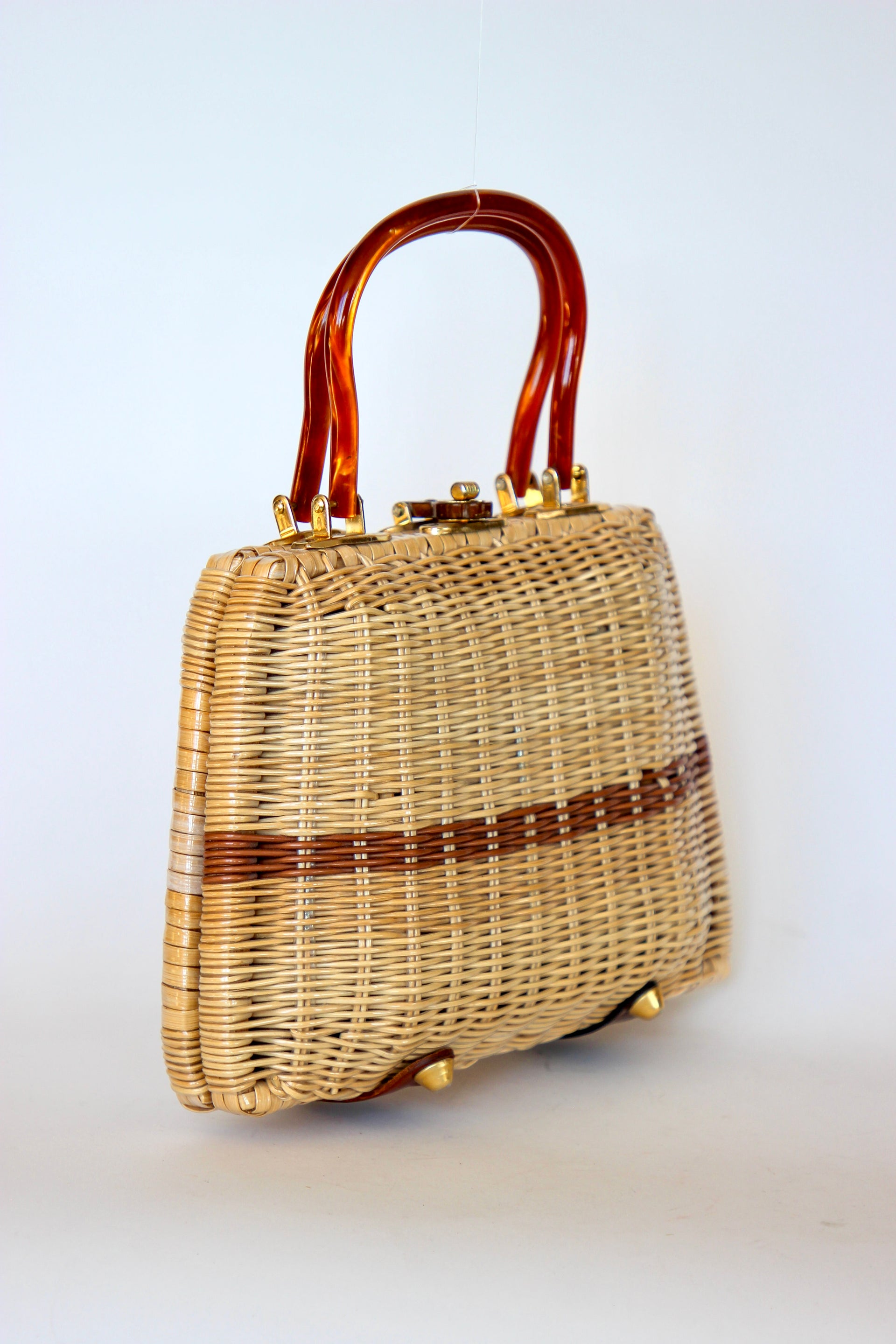1950s 1960s Straw Top Handle Bag/Purse with Lucite Handle
