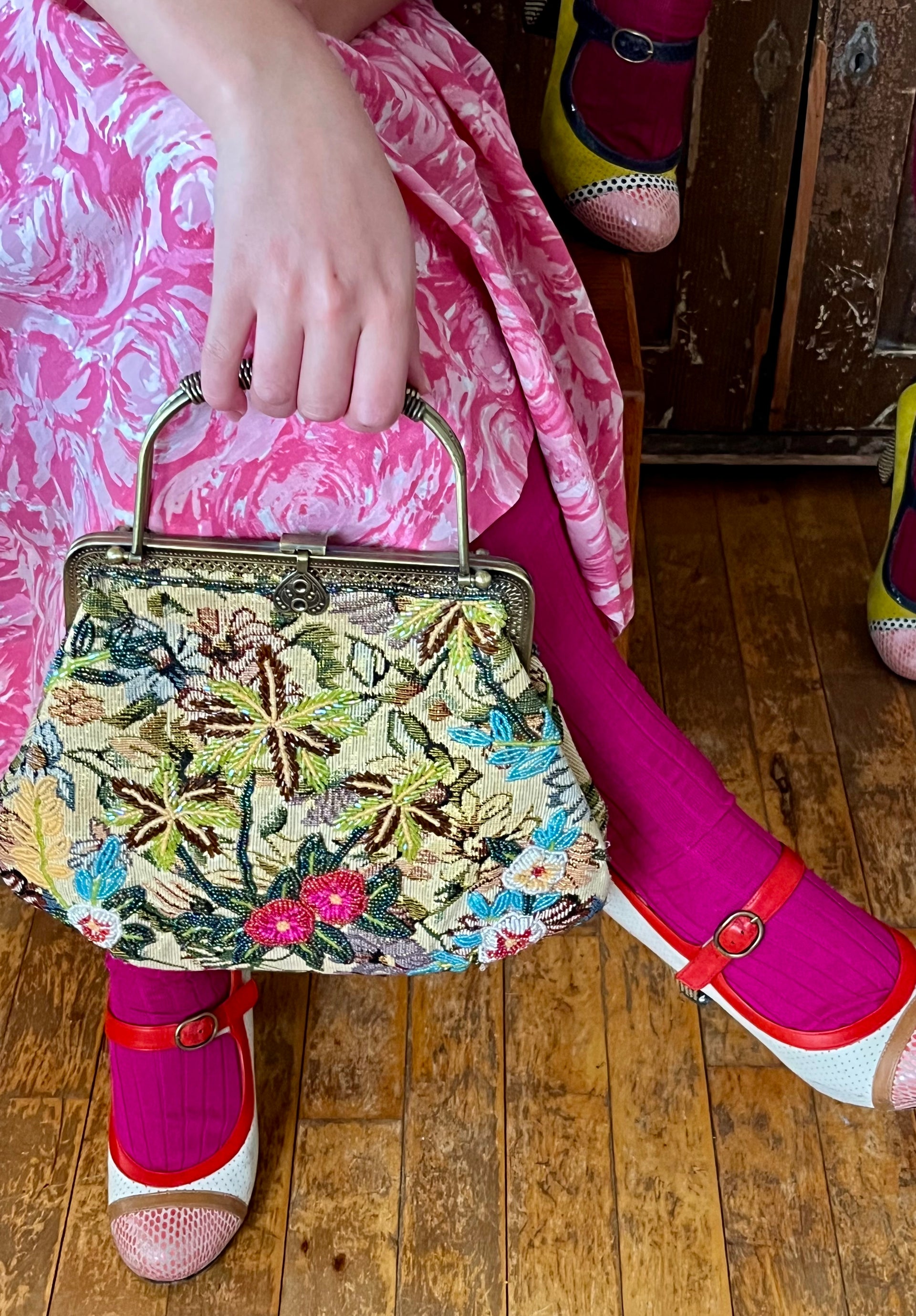 1960s Fabric Beaded Handle- and Shoulder Bag//Metal Strap