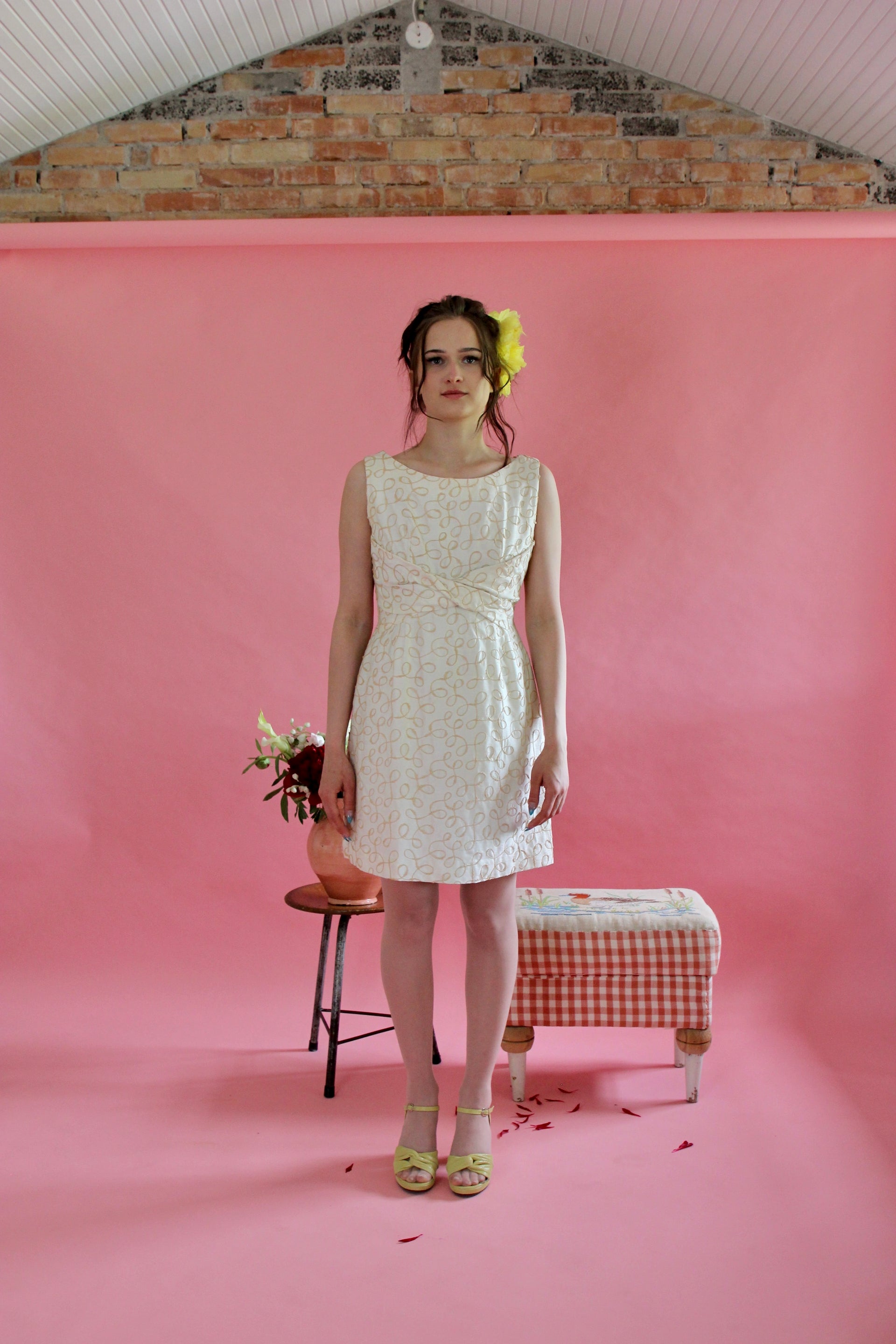 1960s Ivory Designer Cocktali Dress//Size M