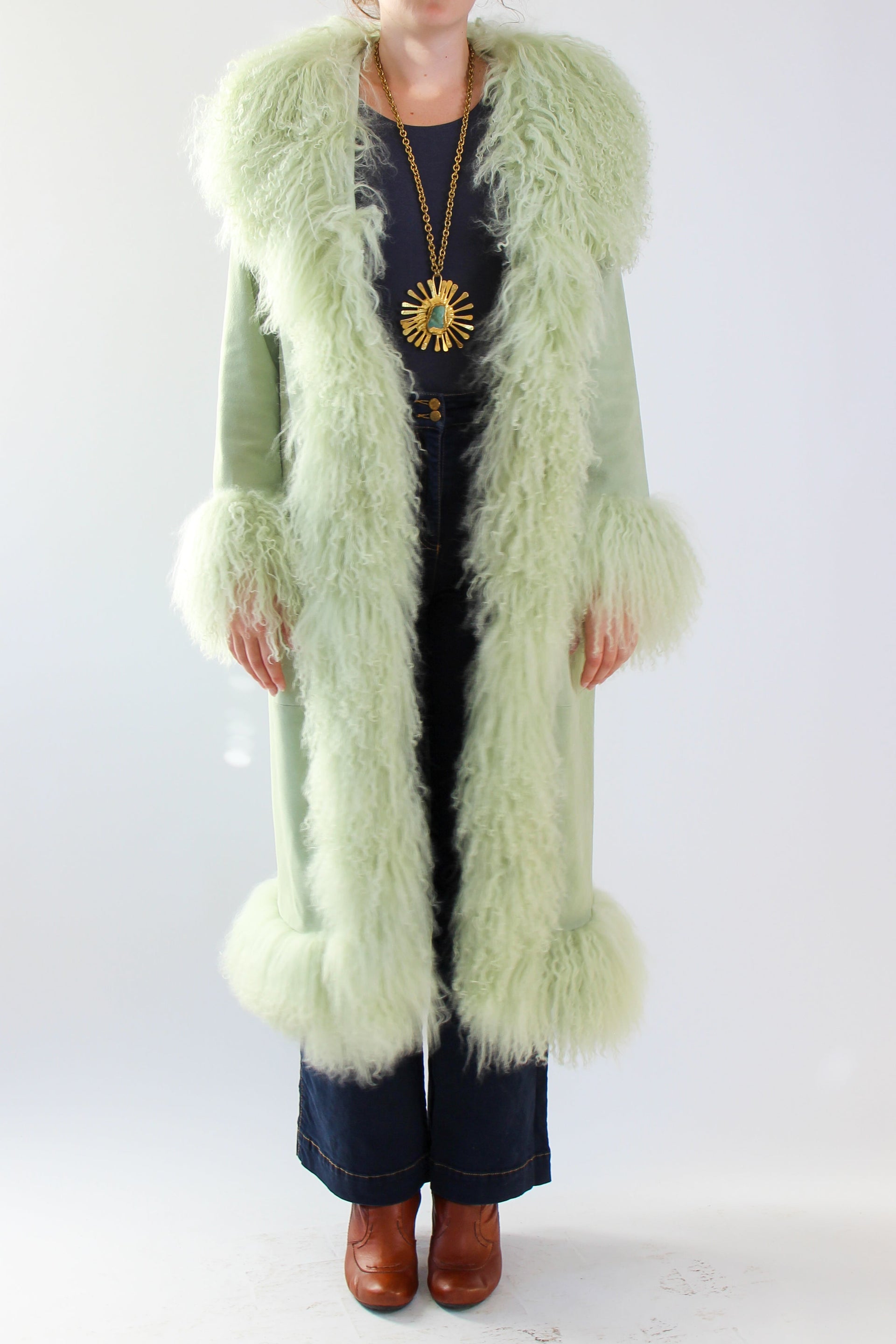 Mint Green Suede Leather Coat with Mongolian Sheep Fur