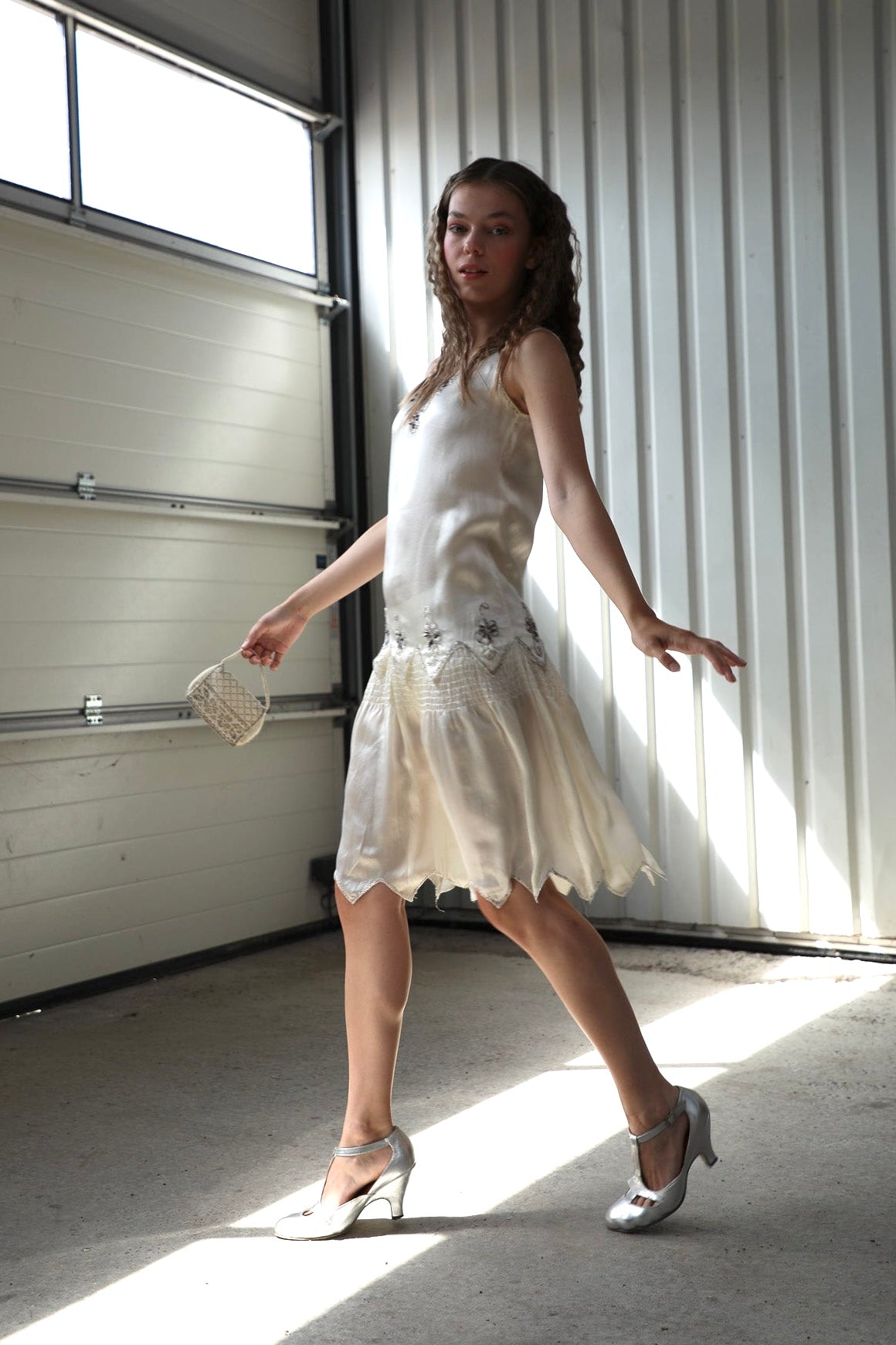 1920s White Silk Dress with Glass Beads and Rhinestones