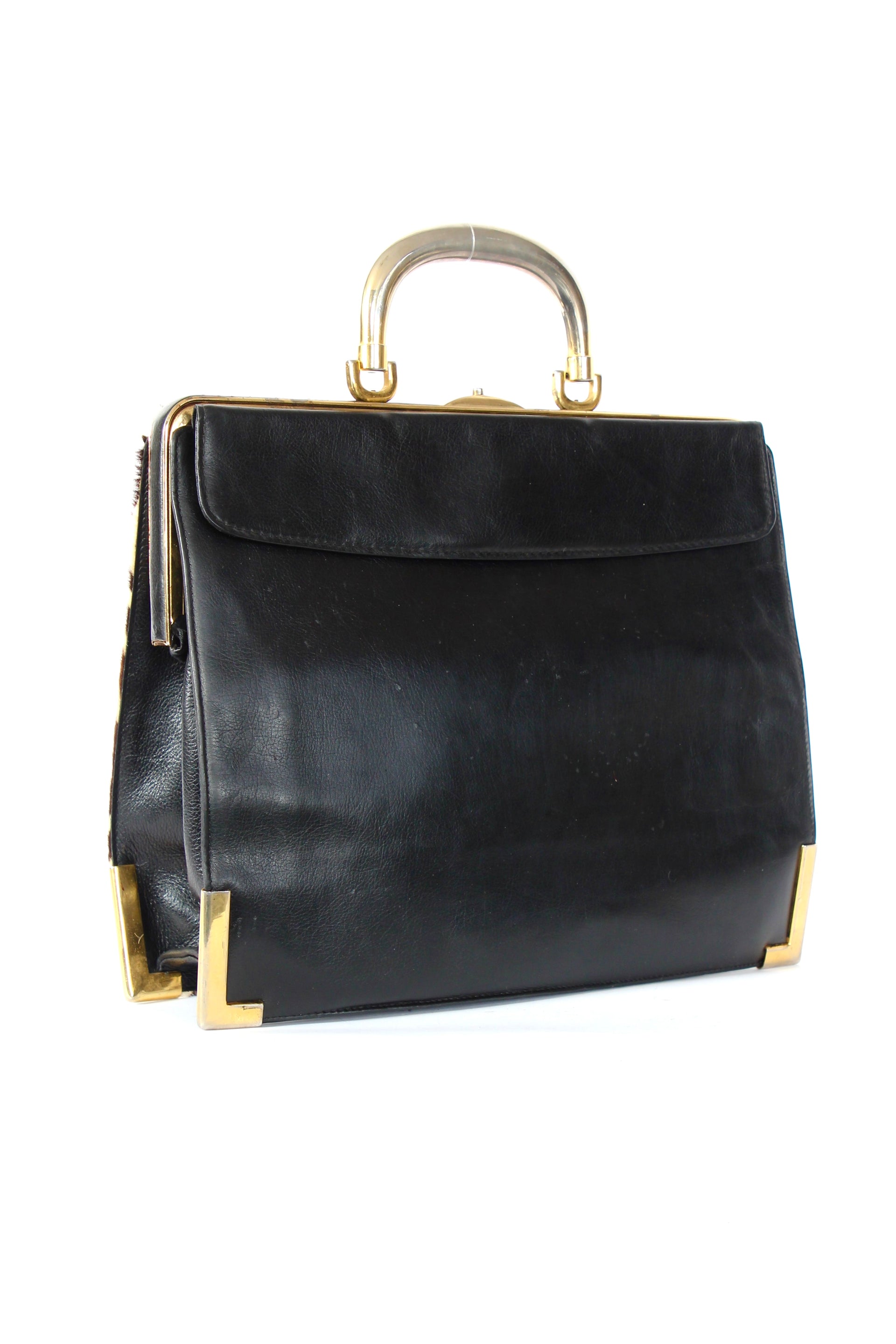 1960s Vintage Bon Goût Black Leather Top Handle Bag with Zebra Pattern Fur