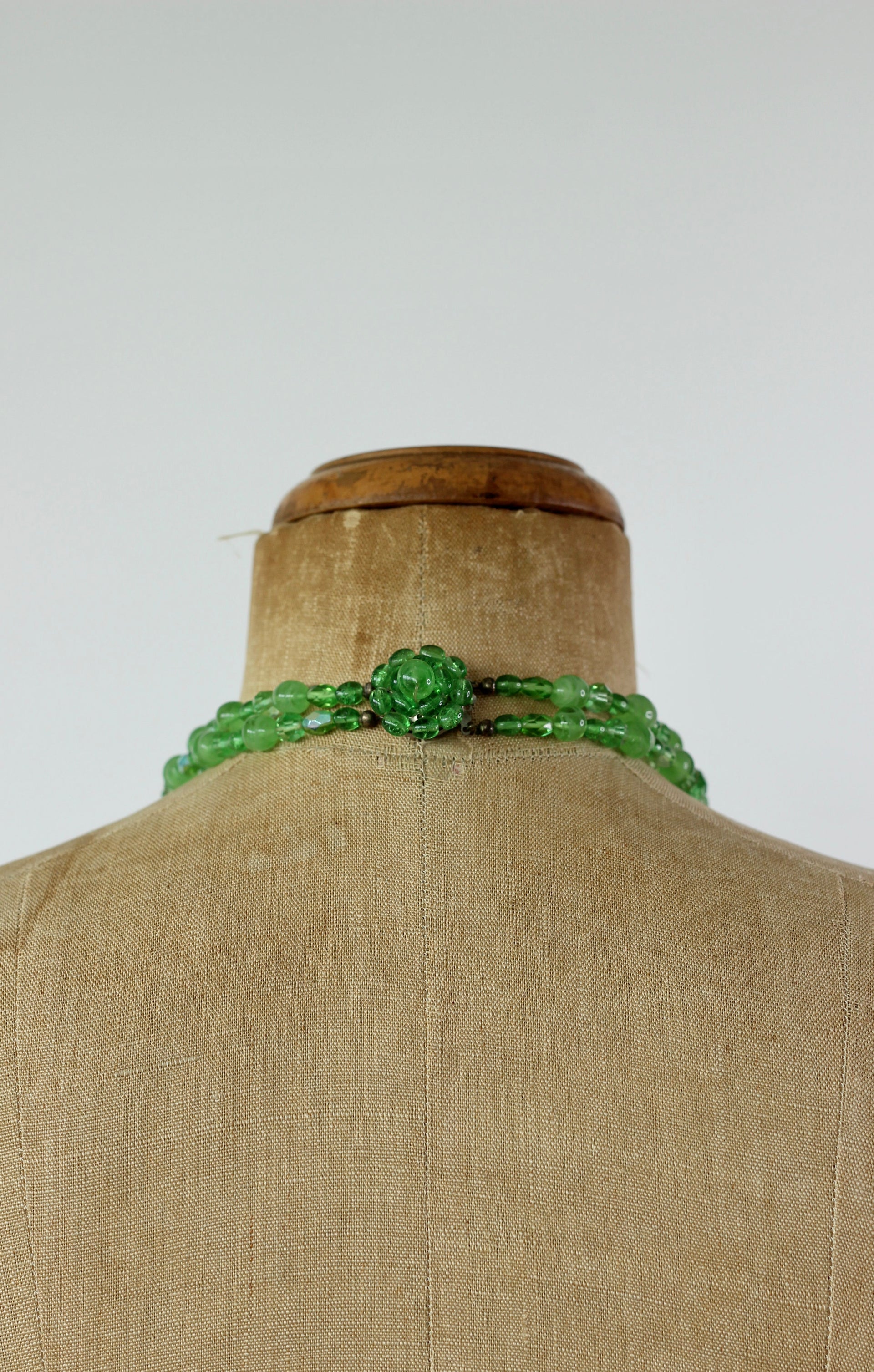 1950s Green Glass Beaded 2 Stand Necklace//New Old Stock