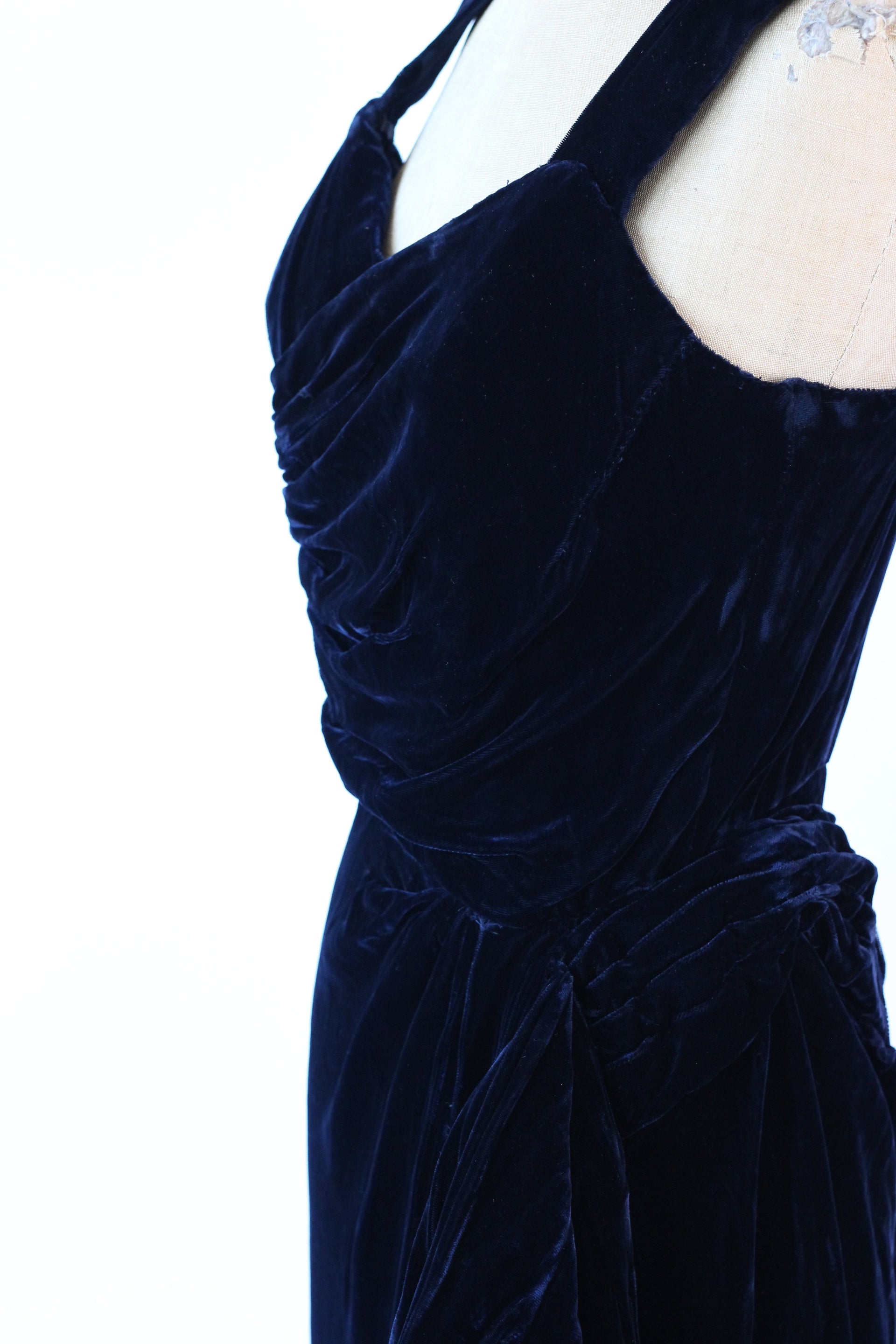 1950s Dark Blue Velvet Silk Dress//Size M