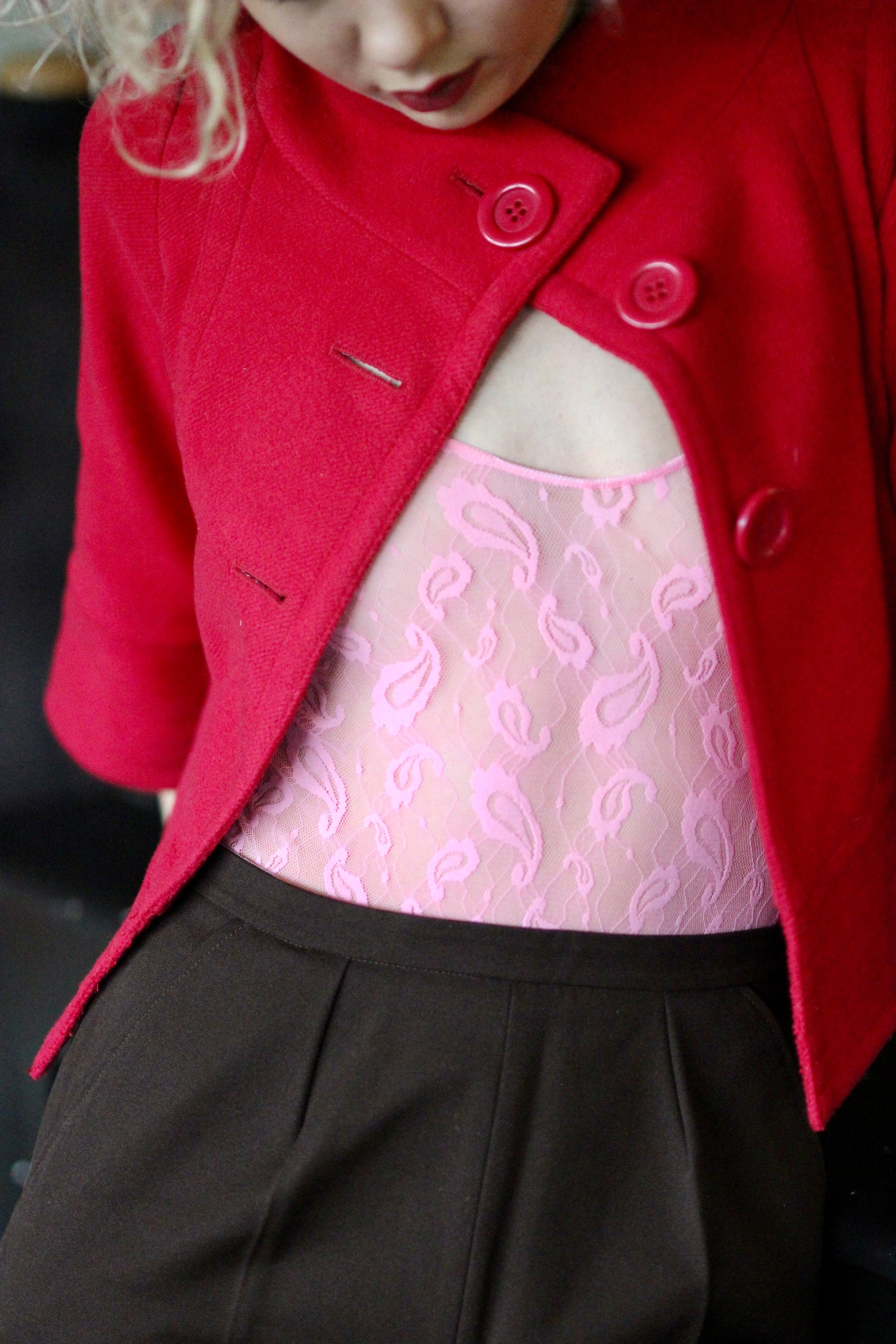1980s Light Pink Paisley Lace Bodysuit//Size XS-M