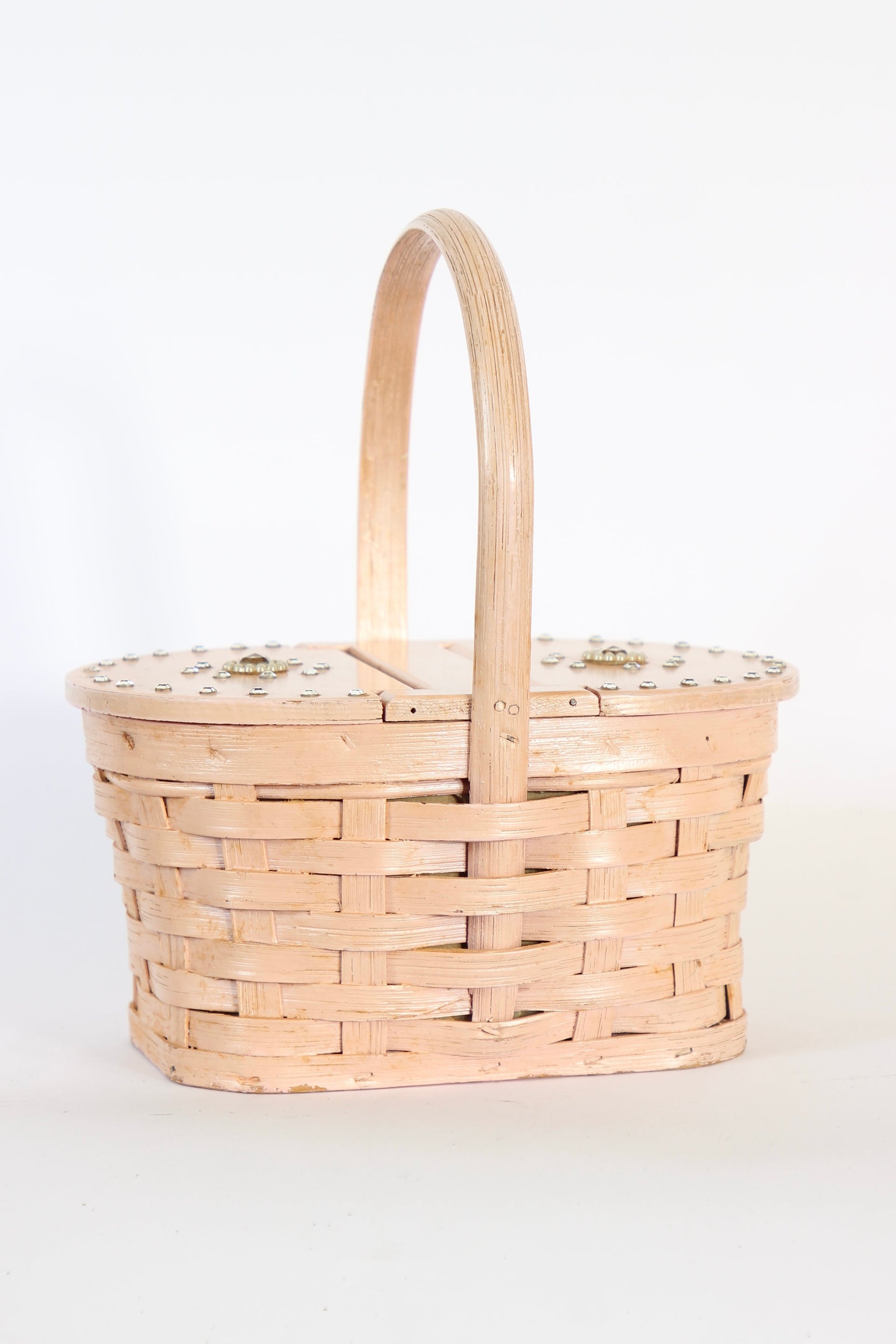1950s Vintage Rose Woven Wood Basket Bag Purse